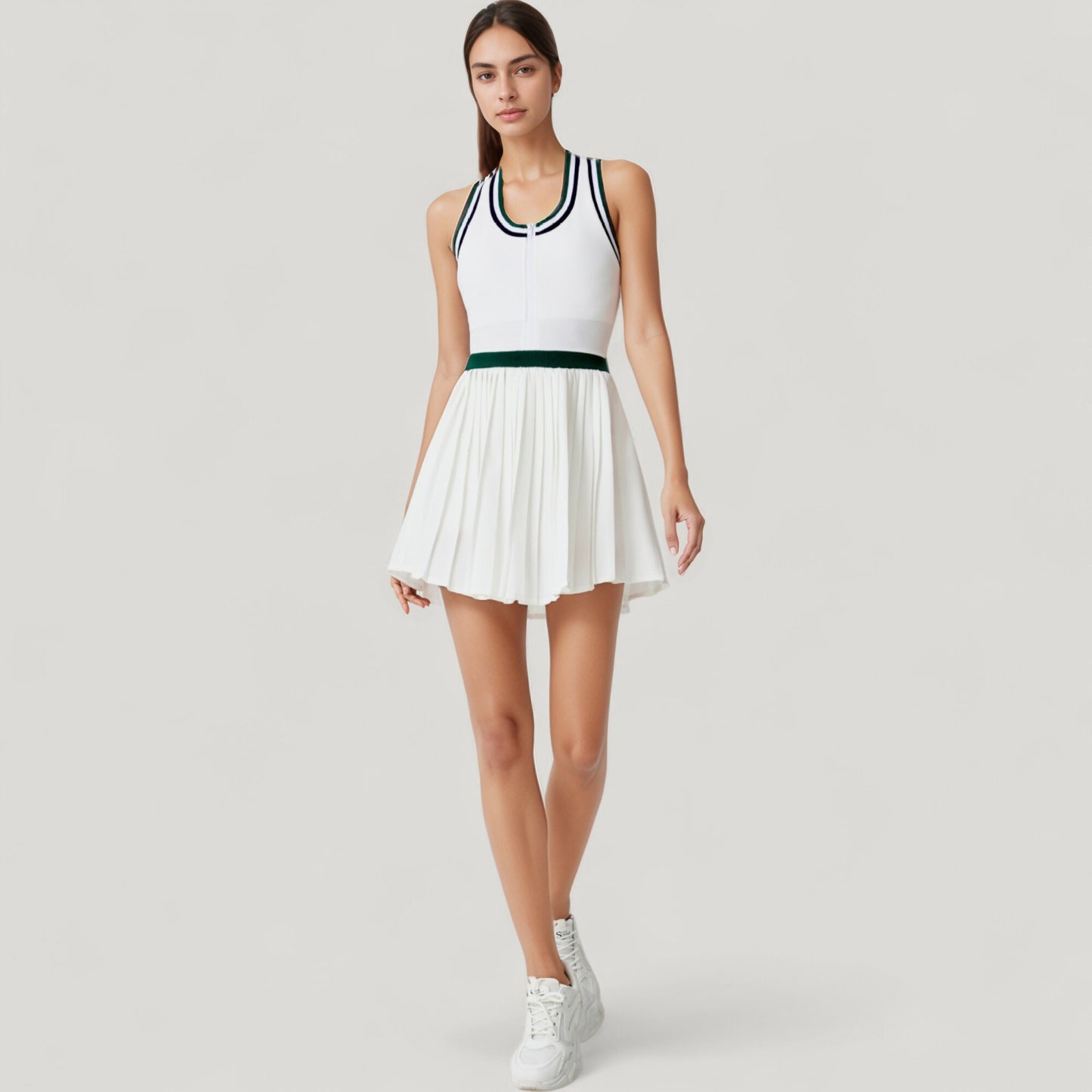 Sleeveless Tennis Dress with Zip Front Contrast Trim Neckline and Pleated Skirt
