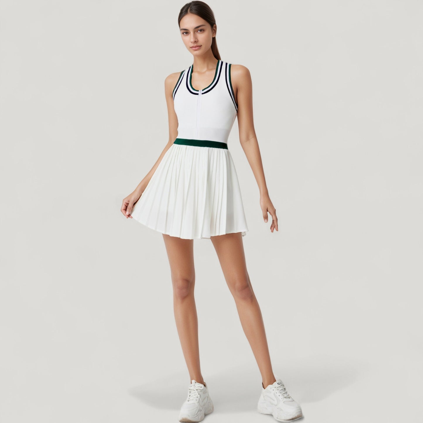 Sleeveless Tennis Dress with Zip Front Contrast Trim Neckline and Pleated Skirt