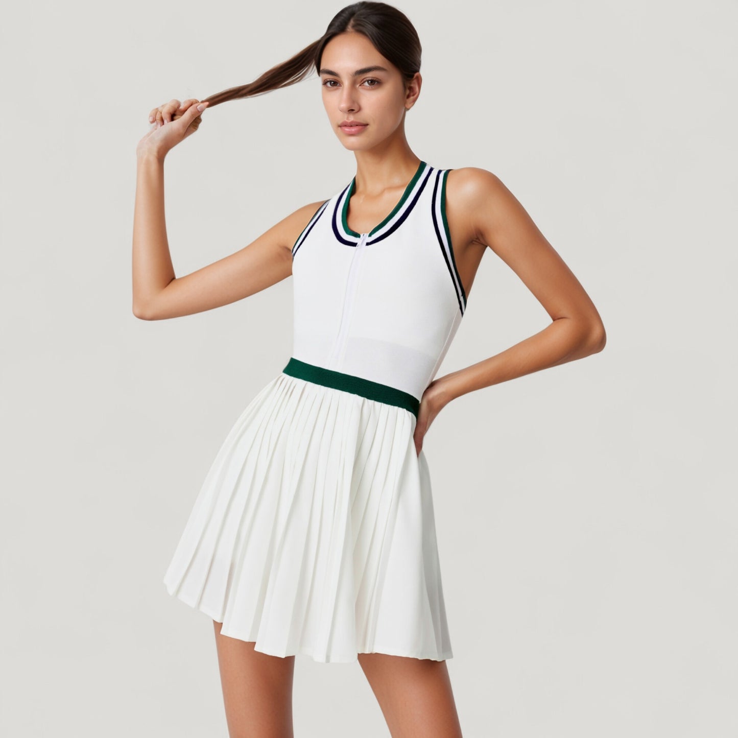 Sleeveless Tennis Dress with Zip Front Contrast Trim Neckline and Pleated Skirt