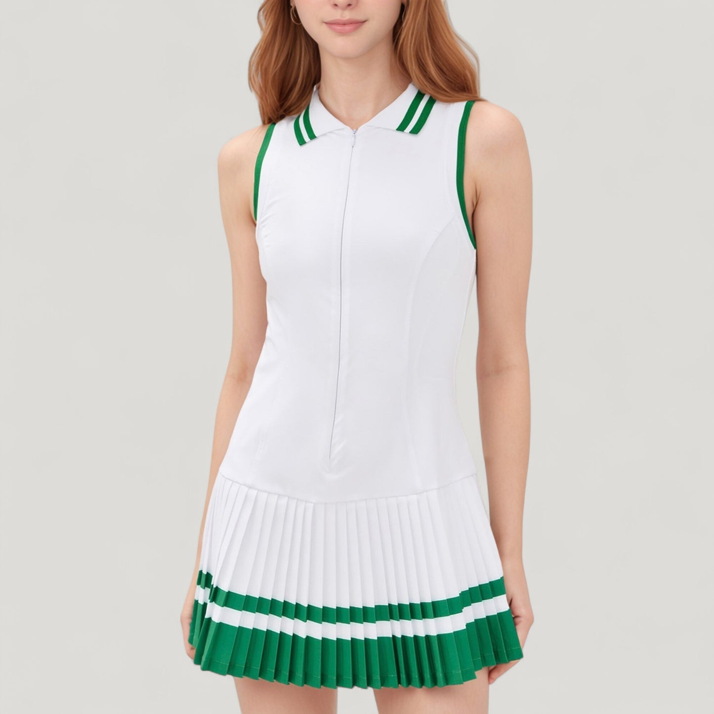 Sleeveless Tennis Dress with Zip Front Contrast Trim Collar and Colorblock Pleated Skirt
