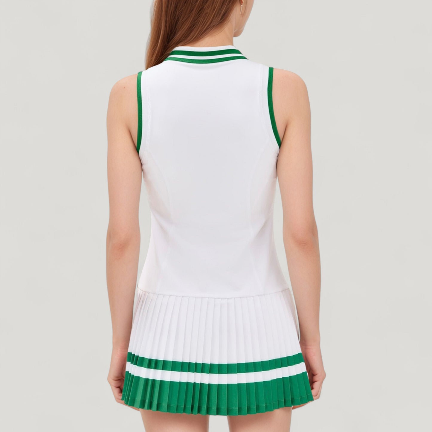 Sleeveless Tennis Dress with Zip Front Contrast Trim Collar and Colorblock Pleated Skirt