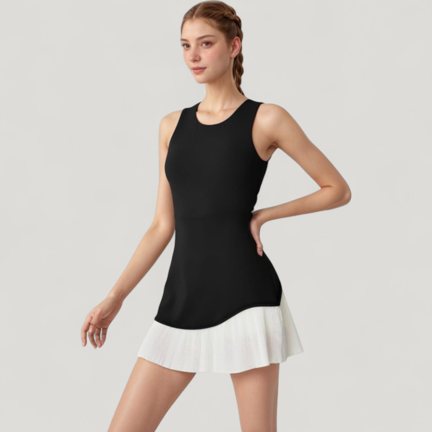 Sleeveless Tennis Dress with Scoop Neck Fitted Bodice and Contrast Pleated Hem