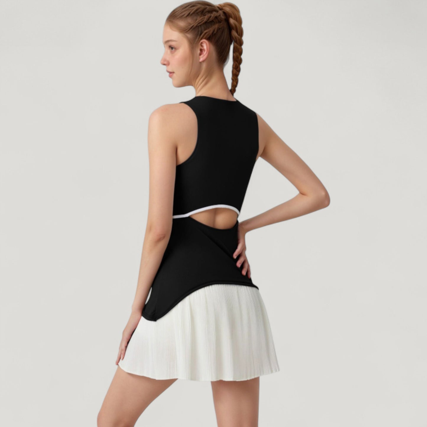 Sleeveless Tennis Dress with Scoop Neck Fitted Bodice and Contrast Pleated Hem