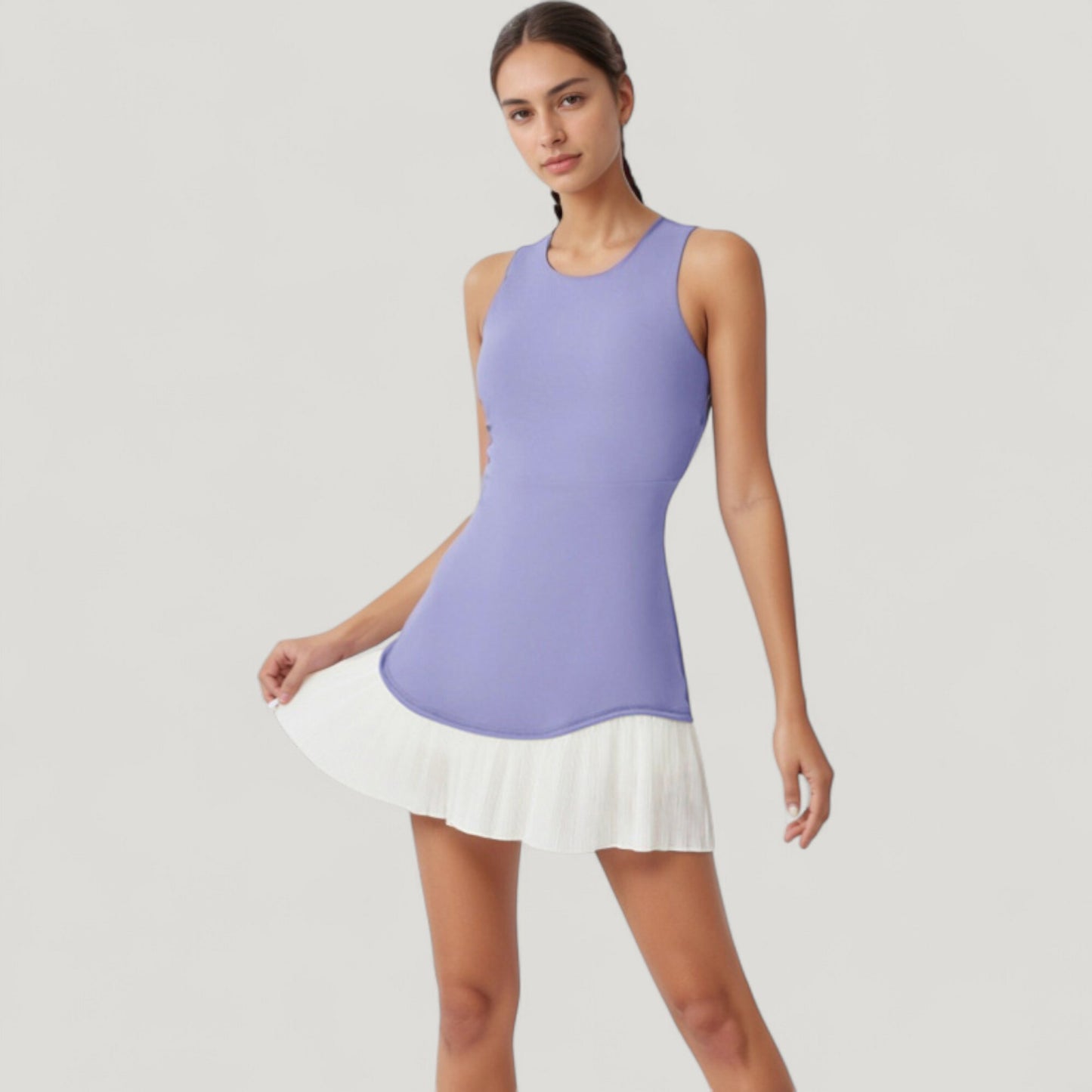 Sleeveless Tennis Dress with Scoop Neck Fitted Bodice and Contrast Pleated Hem