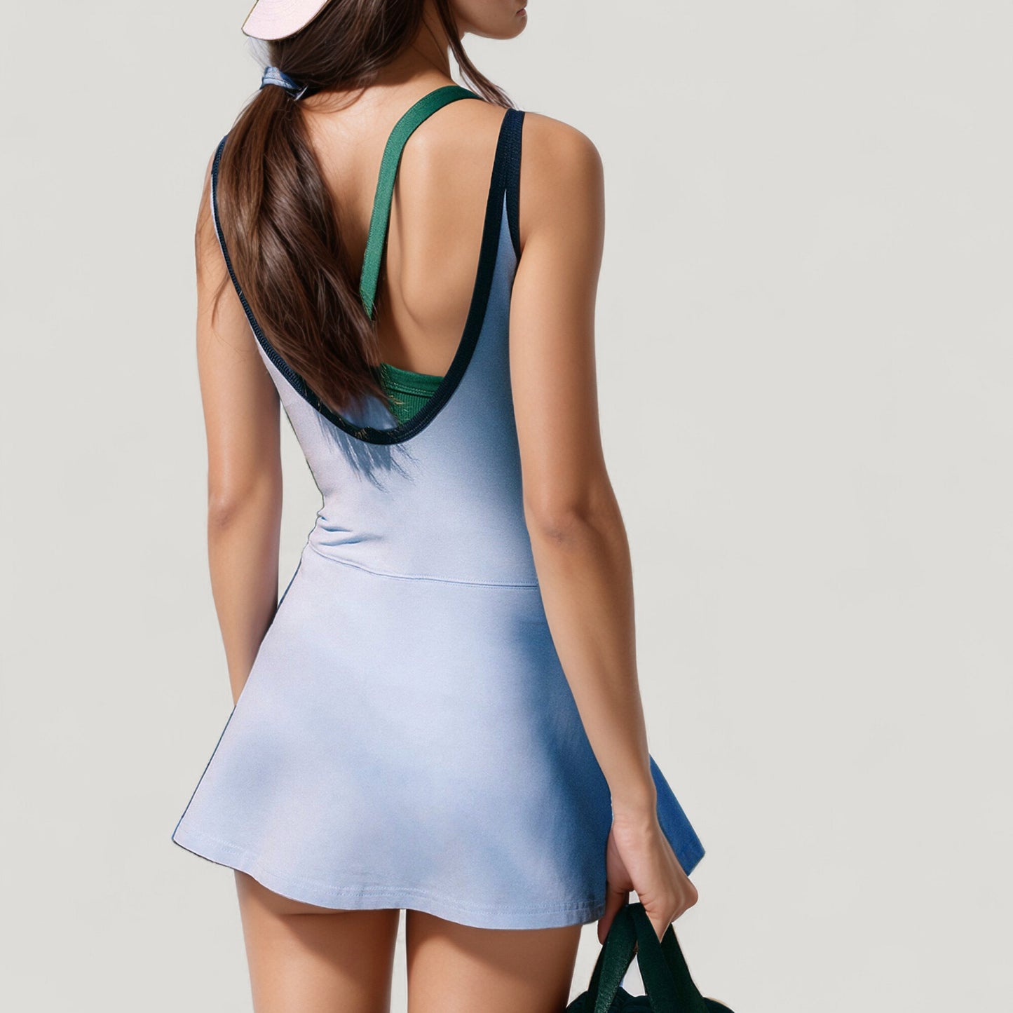 Scoop Neck Active Tennis Dress with Contrast Shoulder Straps and Fitted Waist