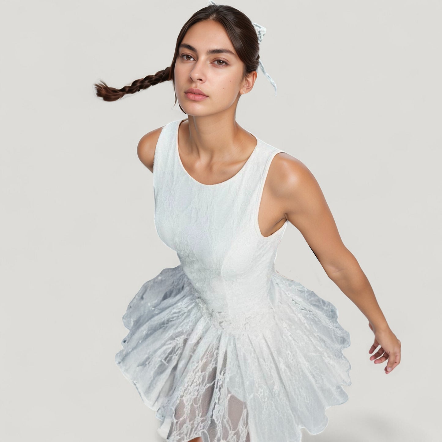 Sleeveless Lace Tennis Dress with Fitted Bodice and Flowy Skirt Overlay