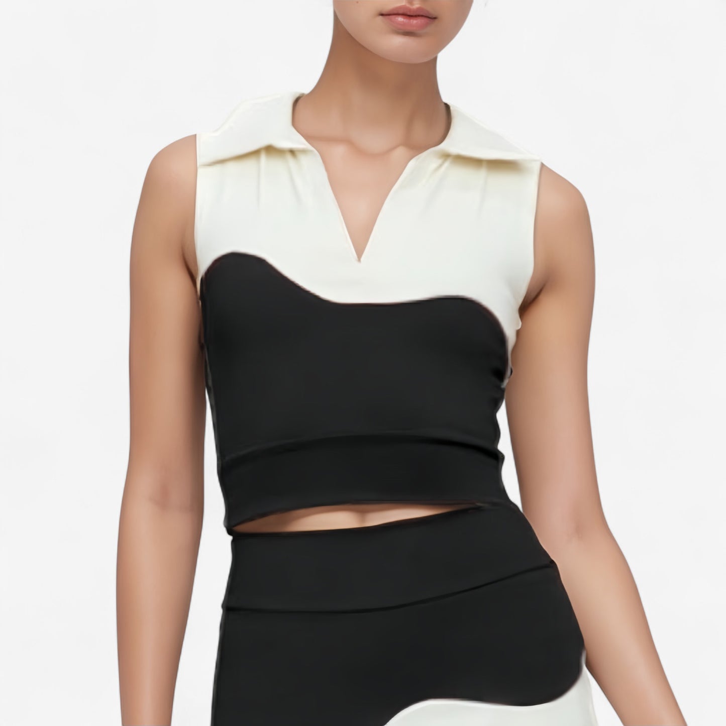 Sleeveless Colorblock Cropped Top with Collared Neckline and Sculpted Contrast Design
