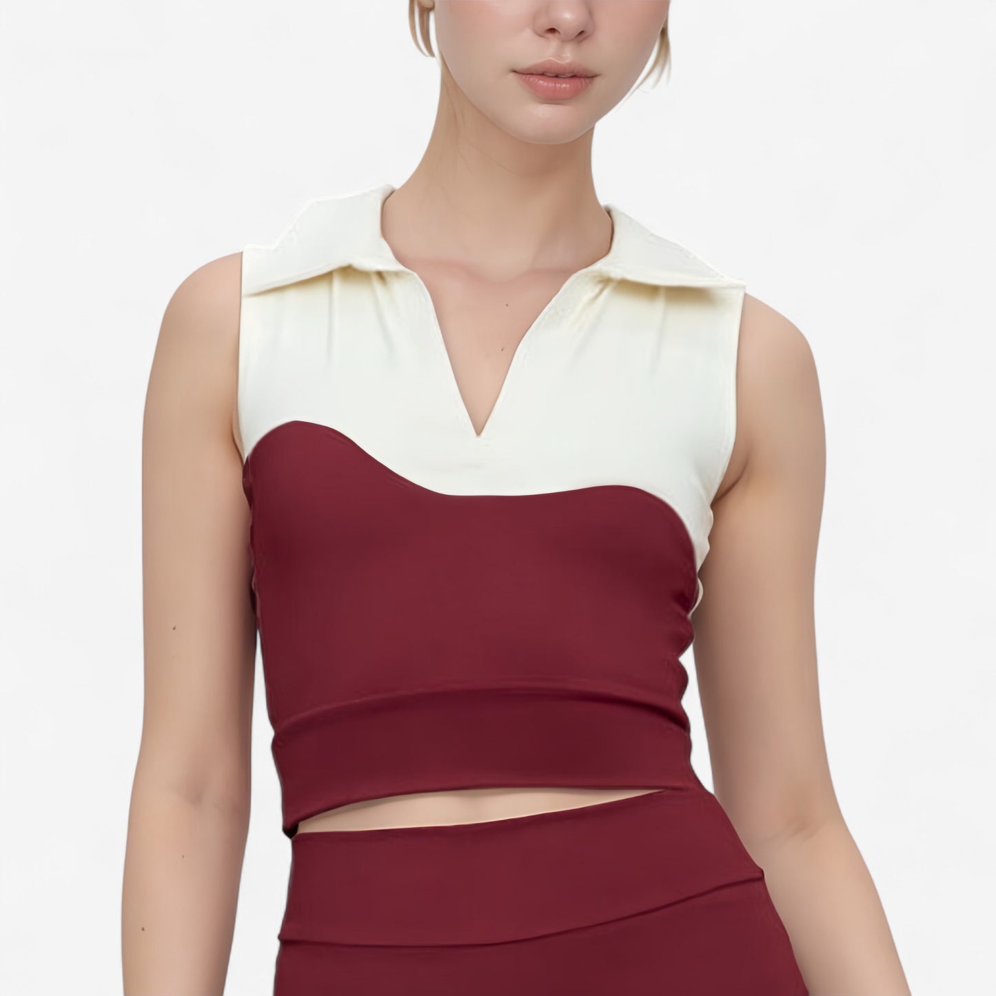 Sleeveless Colorblock Cropped Top with Collared Neckline and Sculpted Contrast Design