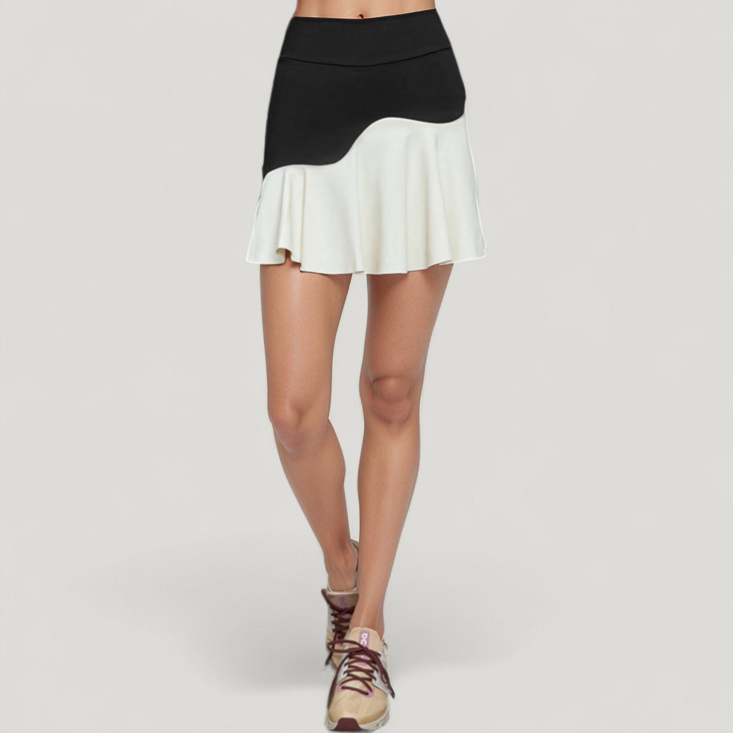 High Waist Colorblock Tennis Skirt with Sculpted Contrast Design and Flared Hem