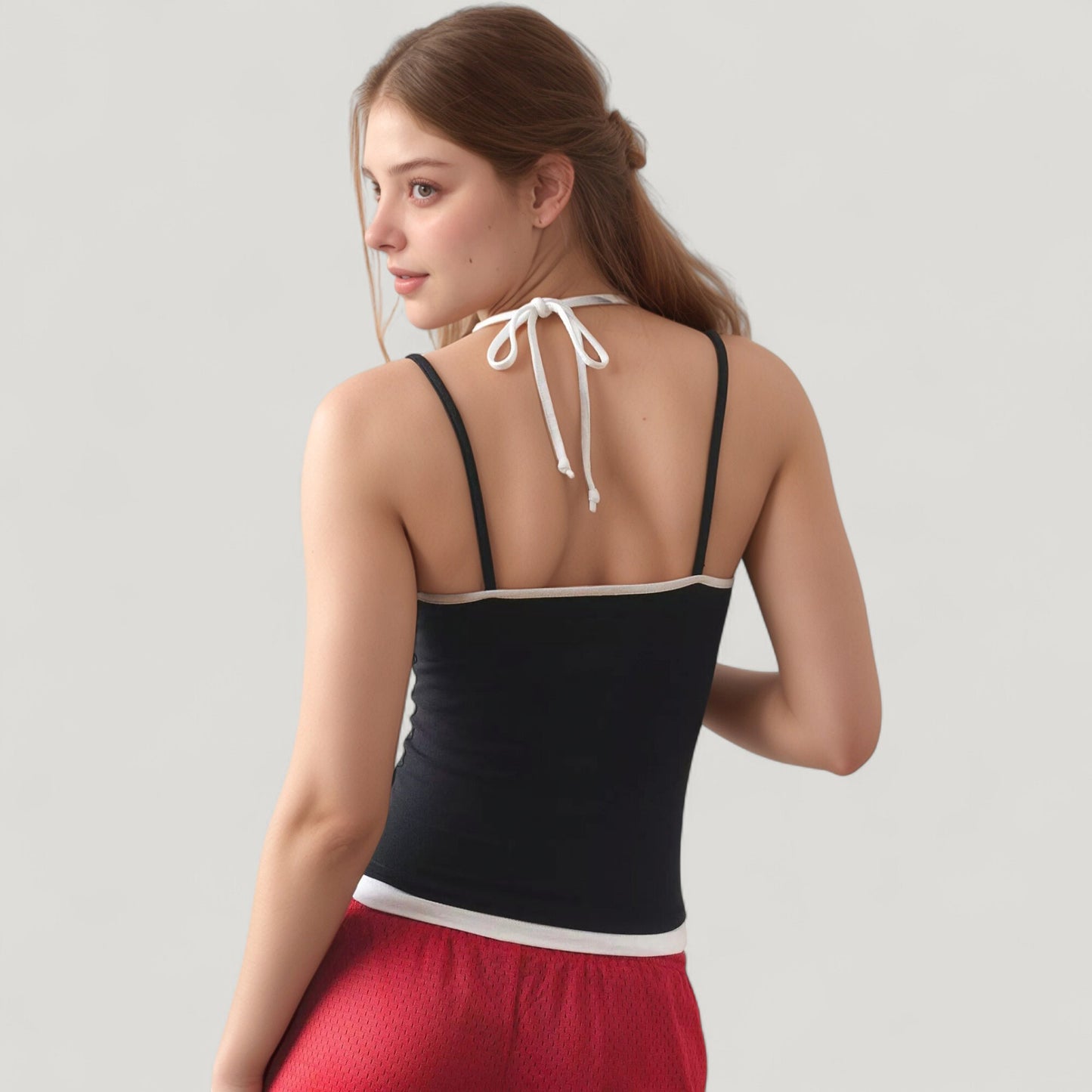 Contrast Trim Halter Tank Top with Fitted Silhouette and Double Strap Detail