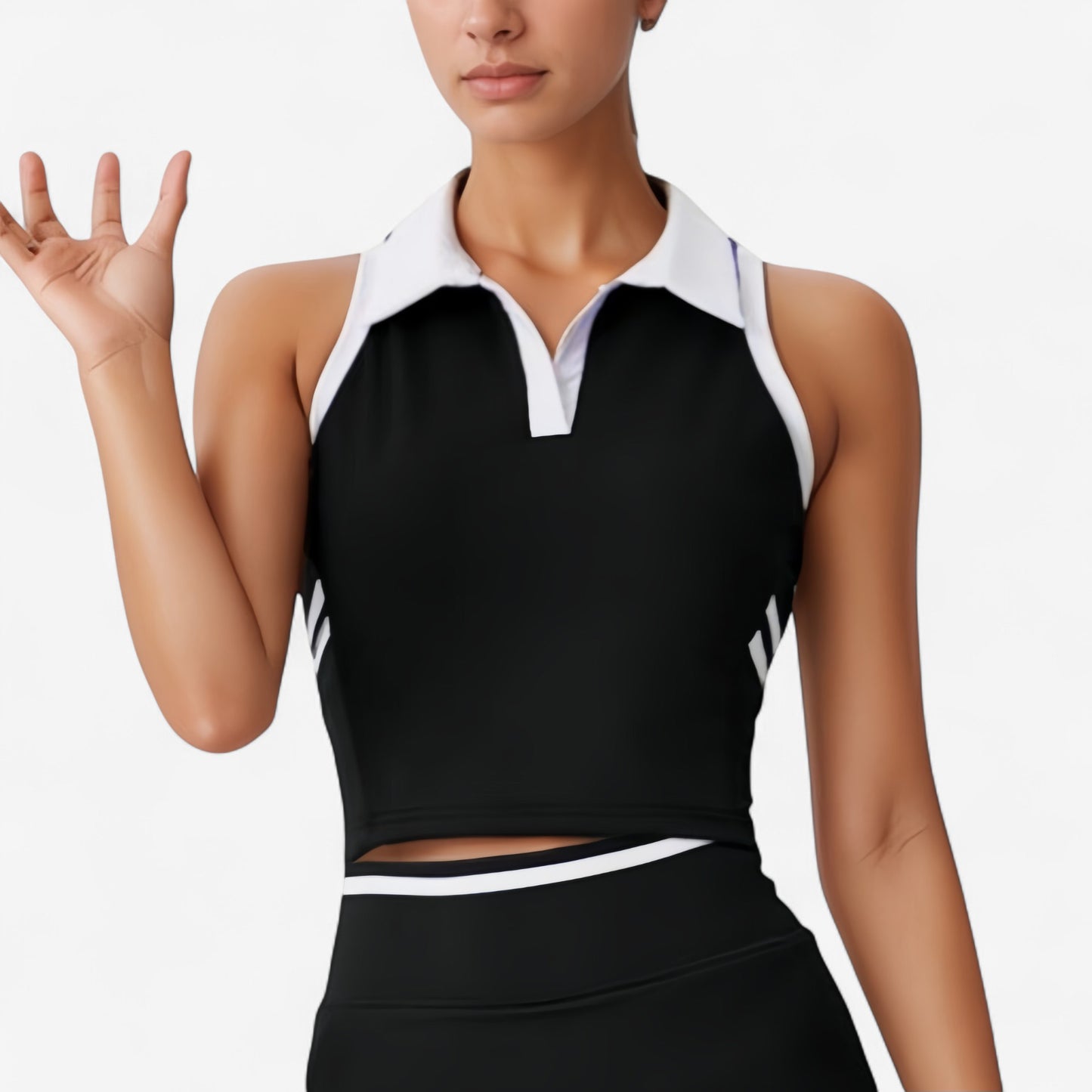 Sleeveless Cropped Polo Top with Contrast Collar and Side Stripe Detail