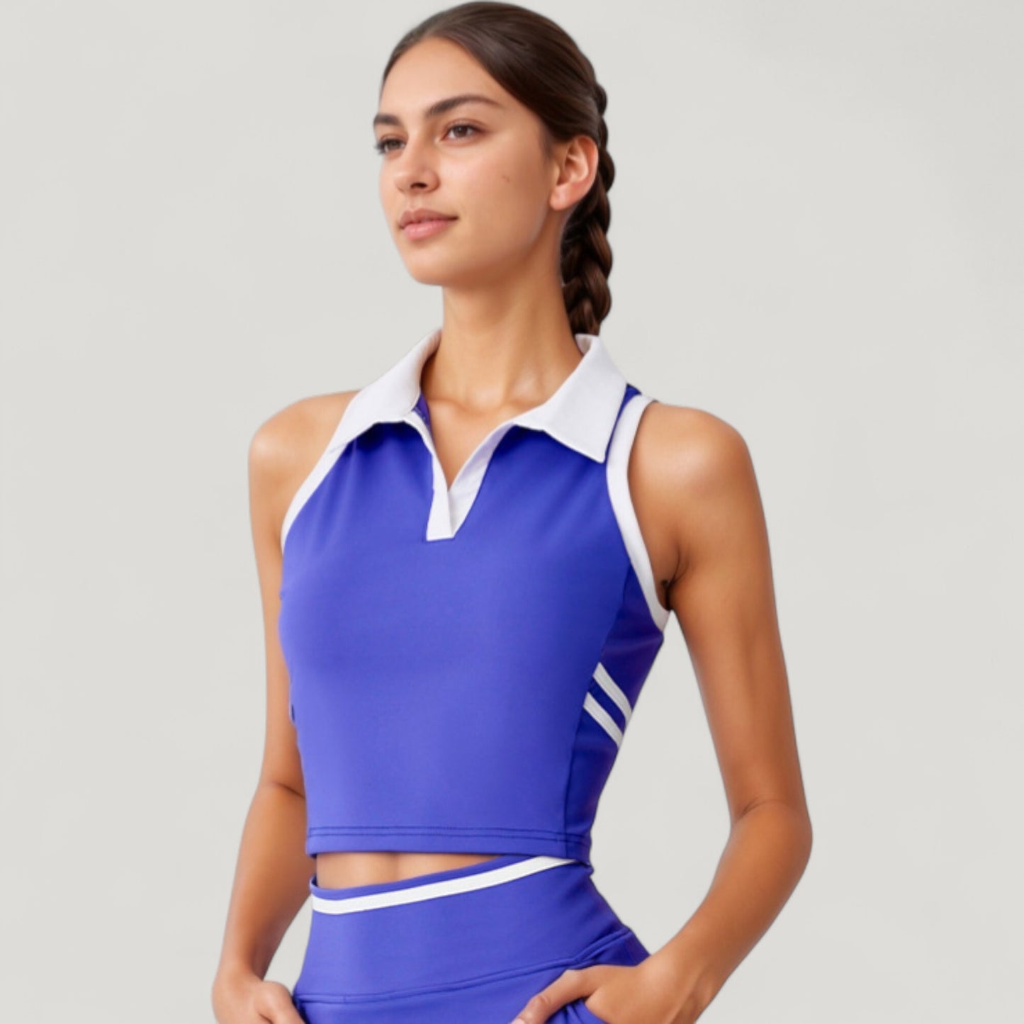 Sleeveless Cropped Polo Top with Contrast Collar and Side Stripe Detail
