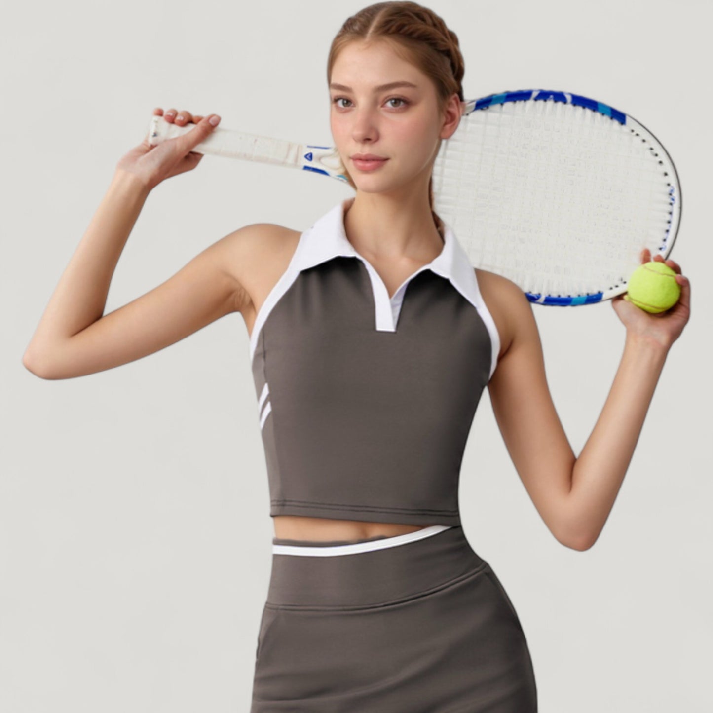 Sleeveless Cropped Polo Top with Contrast Collar and Side Stripe Detail