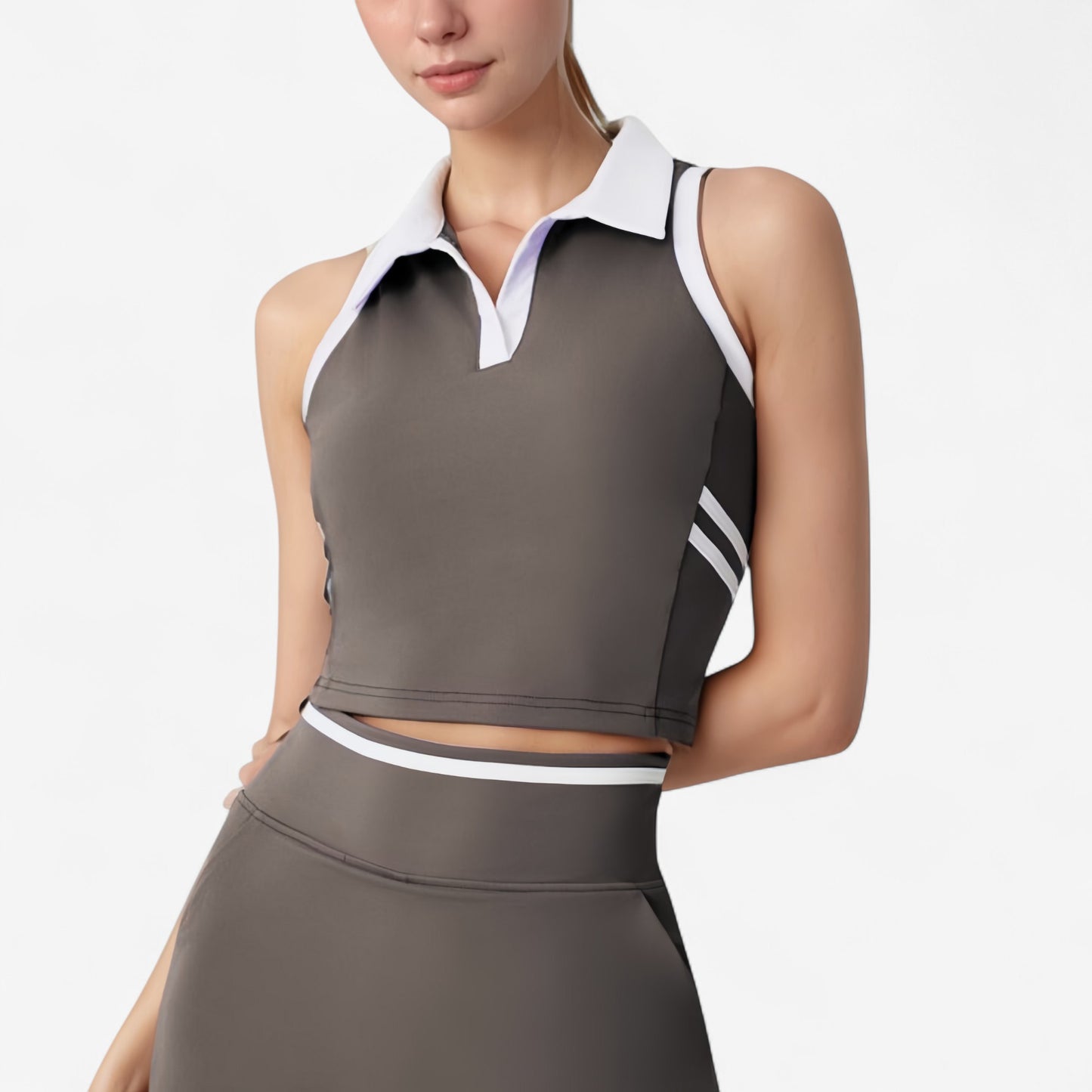 Sleeveless Cropped Polo Top with Contrast Collar and Side Stripe Detail