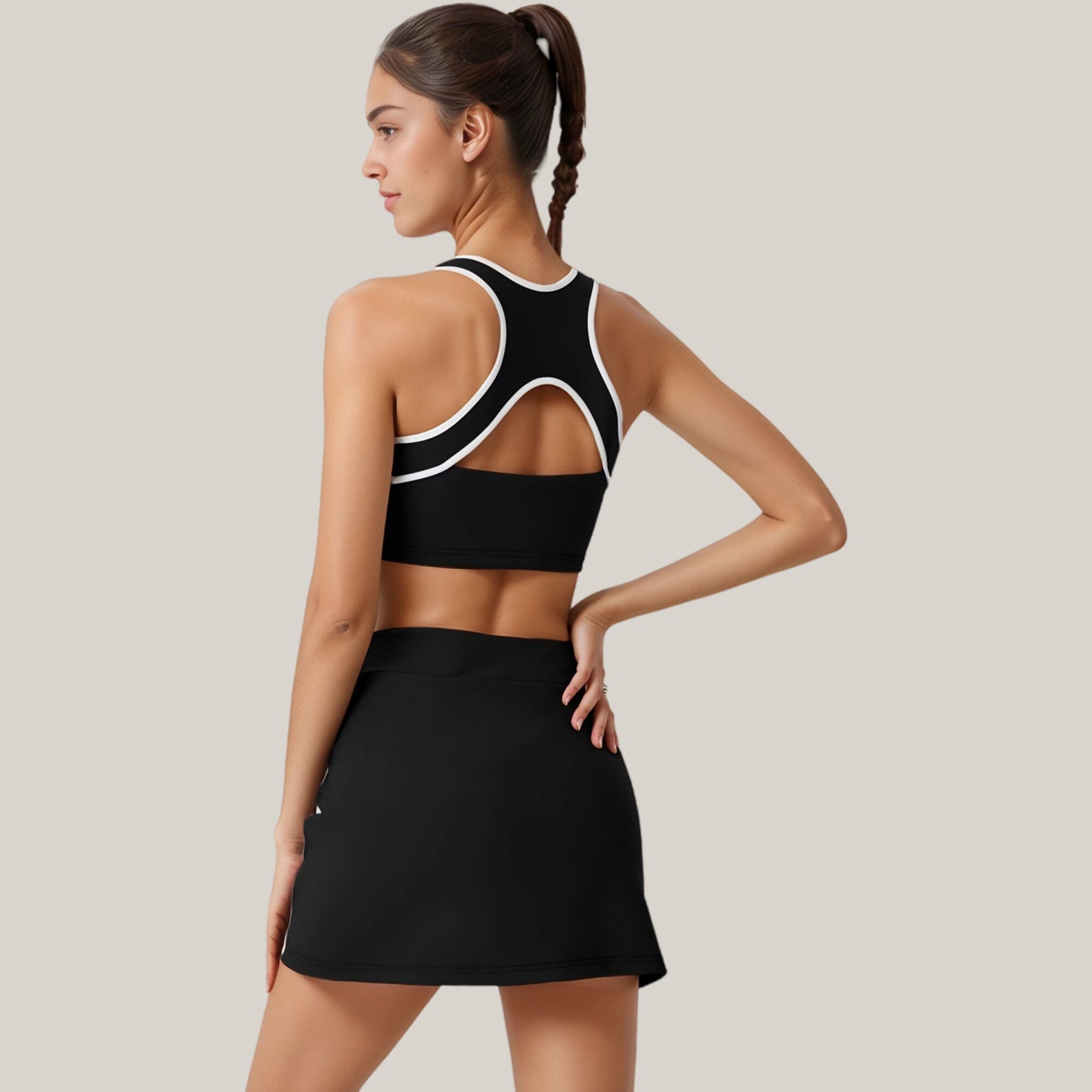 Two-Piece Activewear Set with Contrast Trim Sports Bra Tank and High Waist Skirt