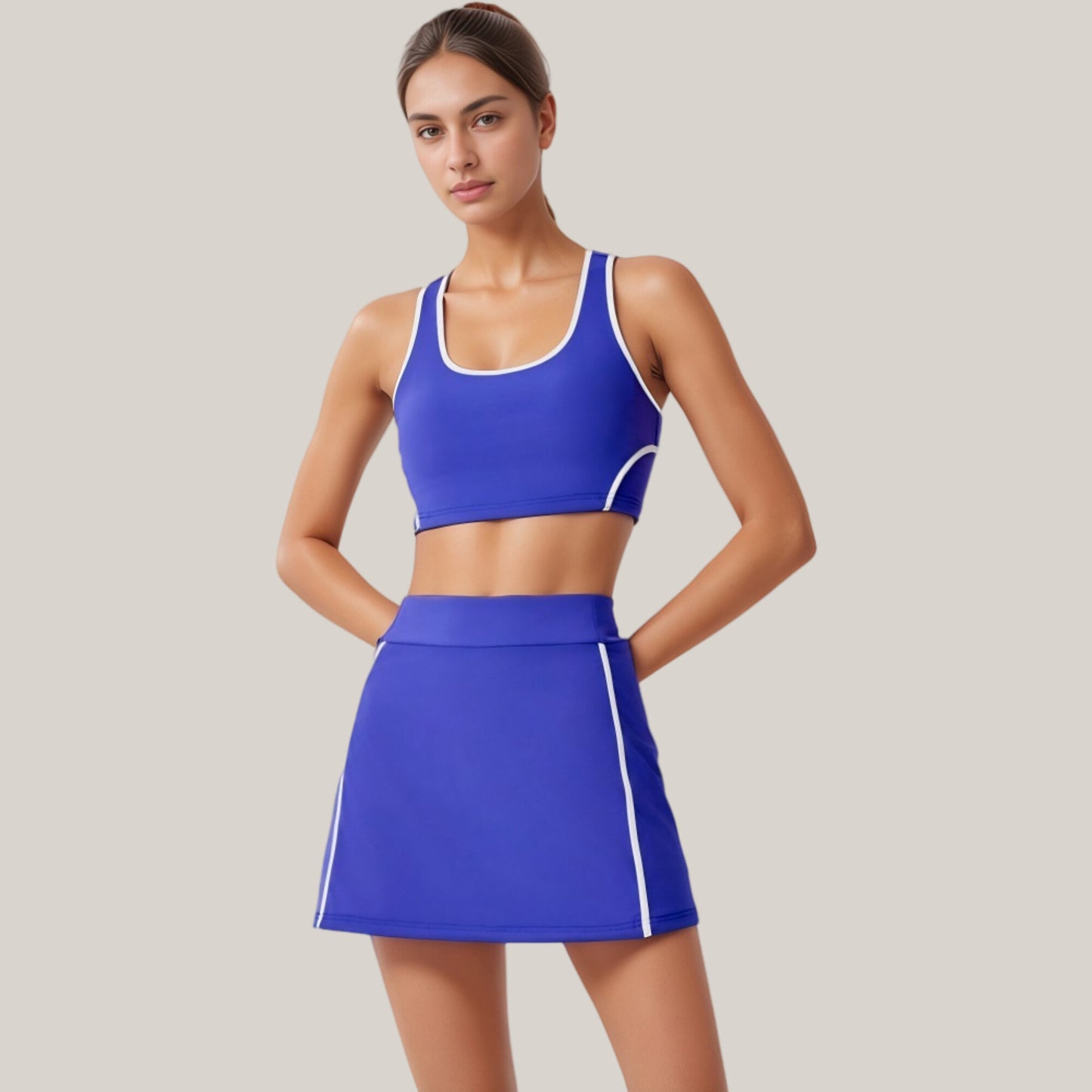 Two-Piece Activewear Set with Contrast Trim Sports Bra Tank and High Waist Skirt
