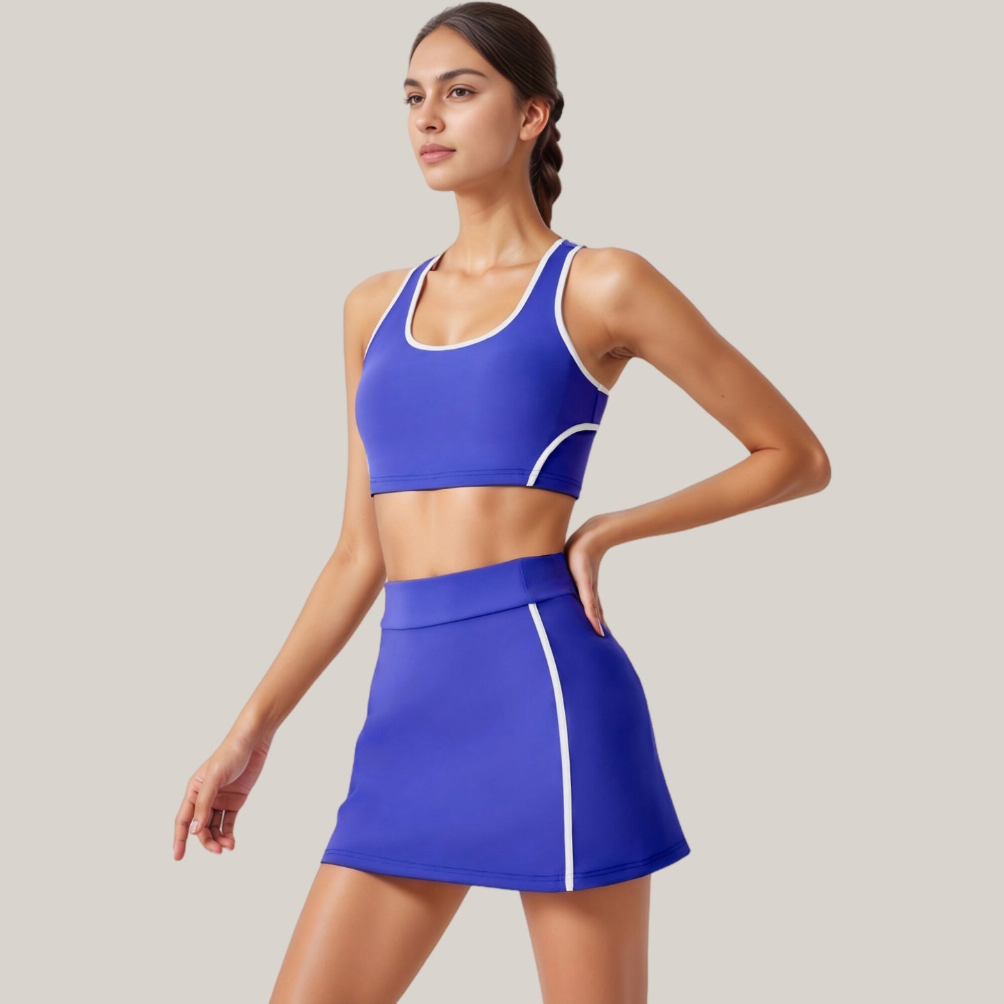 Two-Piece Activewear Set with Contrast Trim Sports Bra Tank and High Waist Skirt