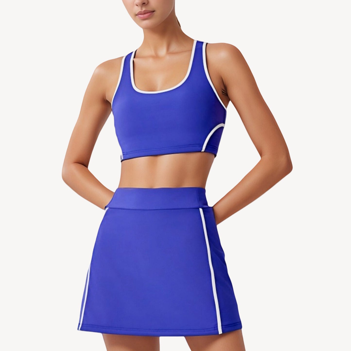 Two-Piece Activewear Set with Contrast Trim Sports Bra Tank and High Waist Skirt