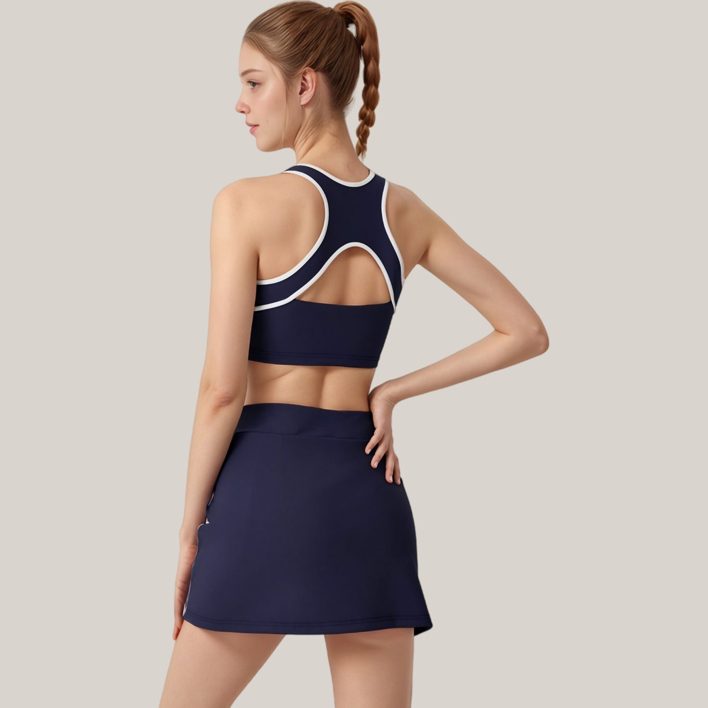 Two-Piece Activewear Set with Contrast Trim Sports Bra Tank and High Waist Skirt