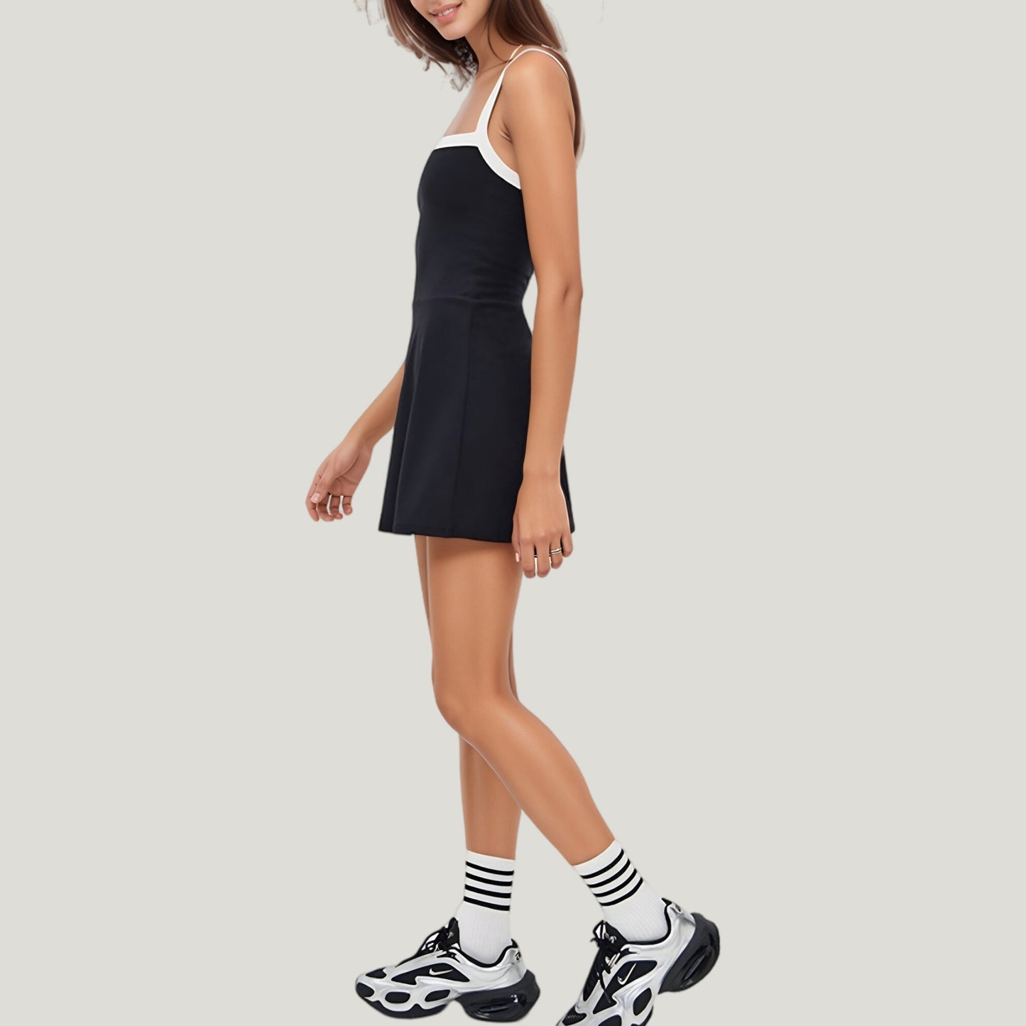 Square Neck Active Dress with Contrast Trim Straps and Fitted Flare Silhouette