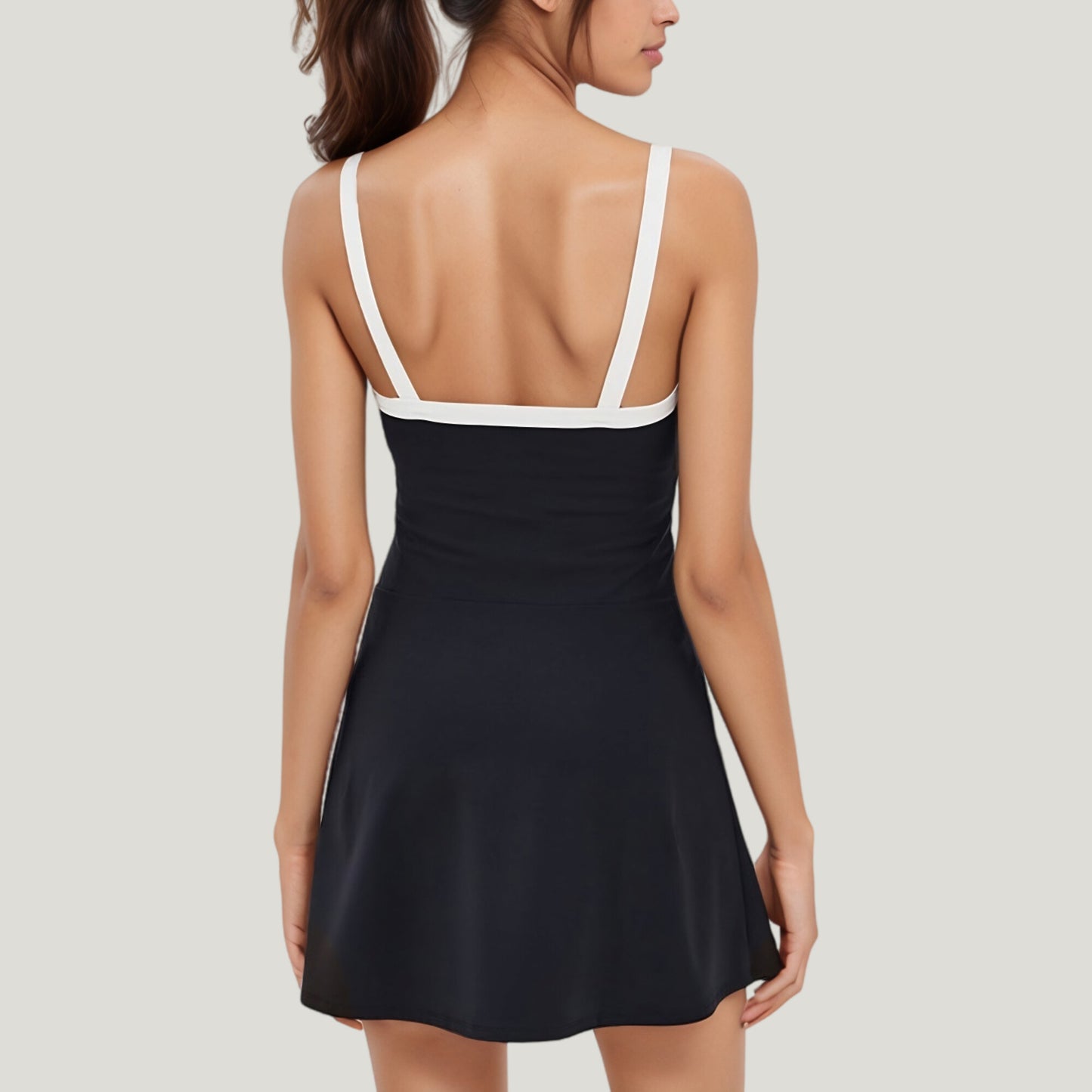 Square Neck Active Dress with Contrast Trim Straps and Fitted Flare Silhouette