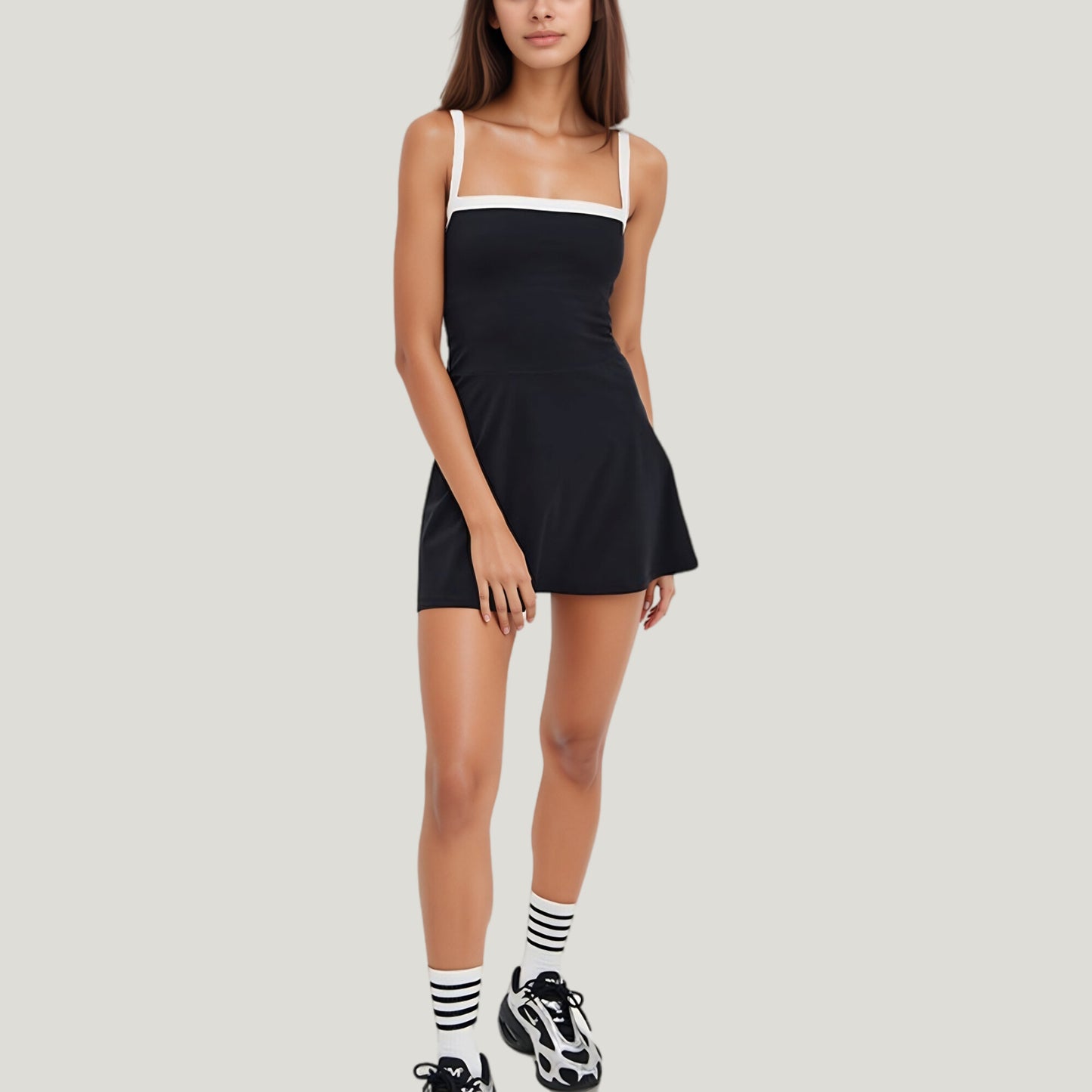 Square Neck Active Dress with Contrast Trim Straps and Fitted Flare Silhouette