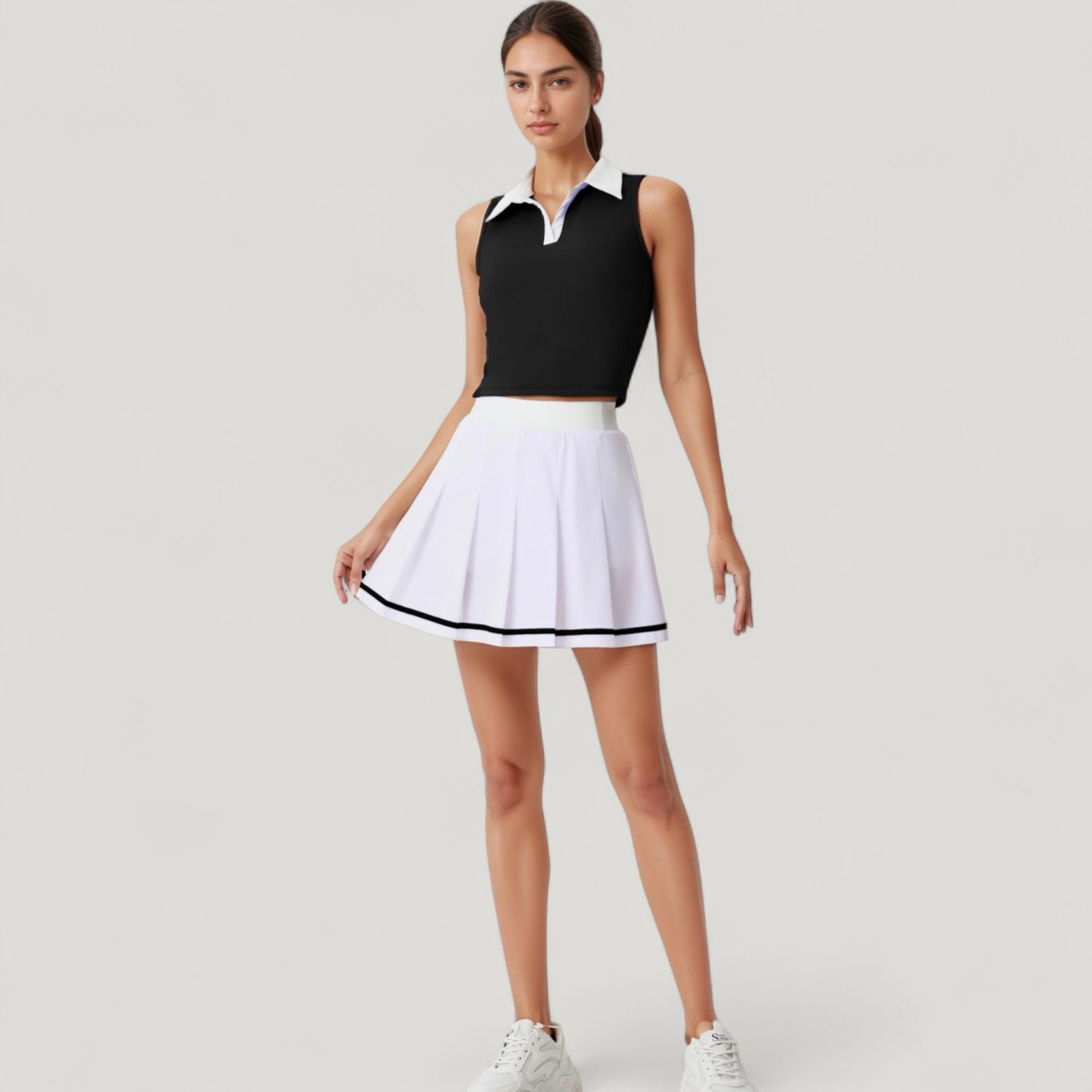 Two-Piece Tennis Set with Sleeveless Polo Crop Top and Pleated High Waist Skirt