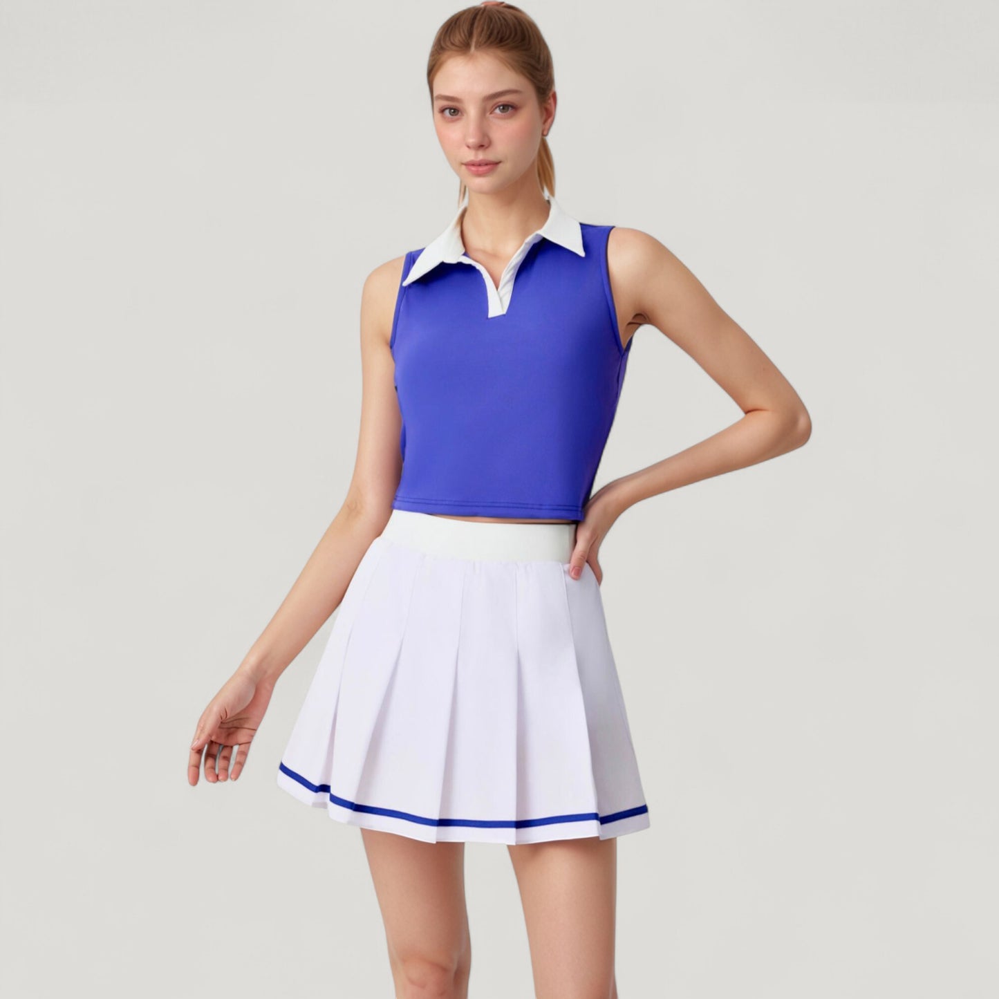 Two-Piece Tennis Set with Sleeveless Polo Crop Top and Pleated High Waist Skirt