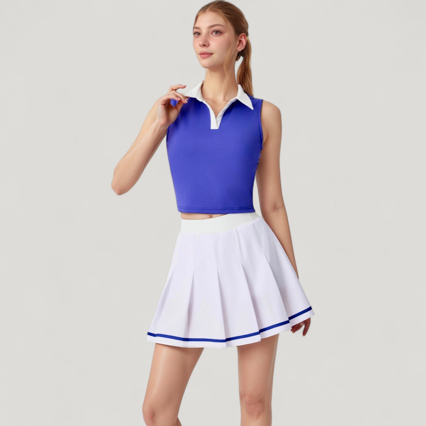 Two-Piece Tennis Set with Sleeveless Polo Crop Top and Pleated High Waist Skirt