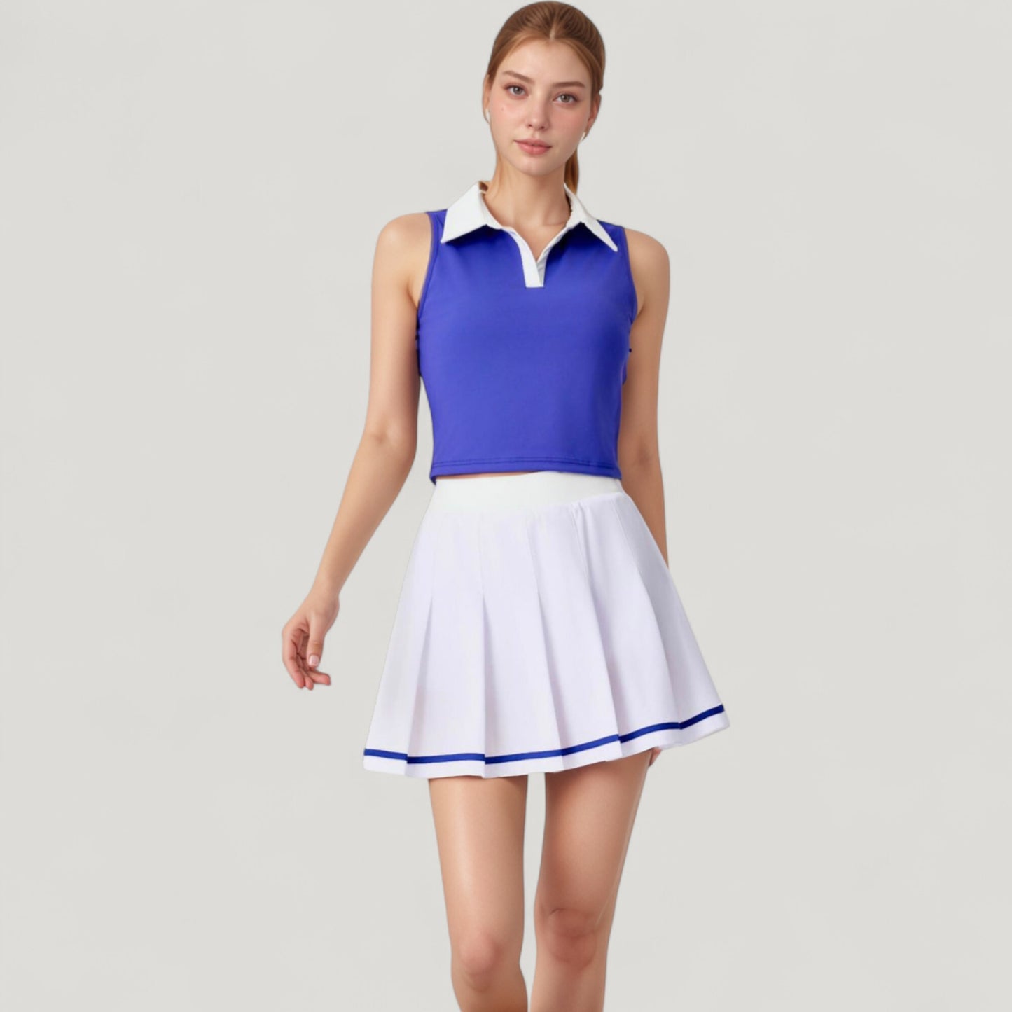 Two-Piece Tennis Set with Sleeveless Polo Crop Top and Pleated High Waist Skirt