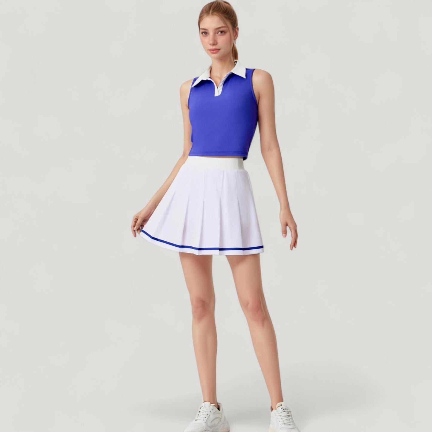 Two-Piece Tennis Set with Sleeveless Polo Crop Top and Pleated High Waist Skirt