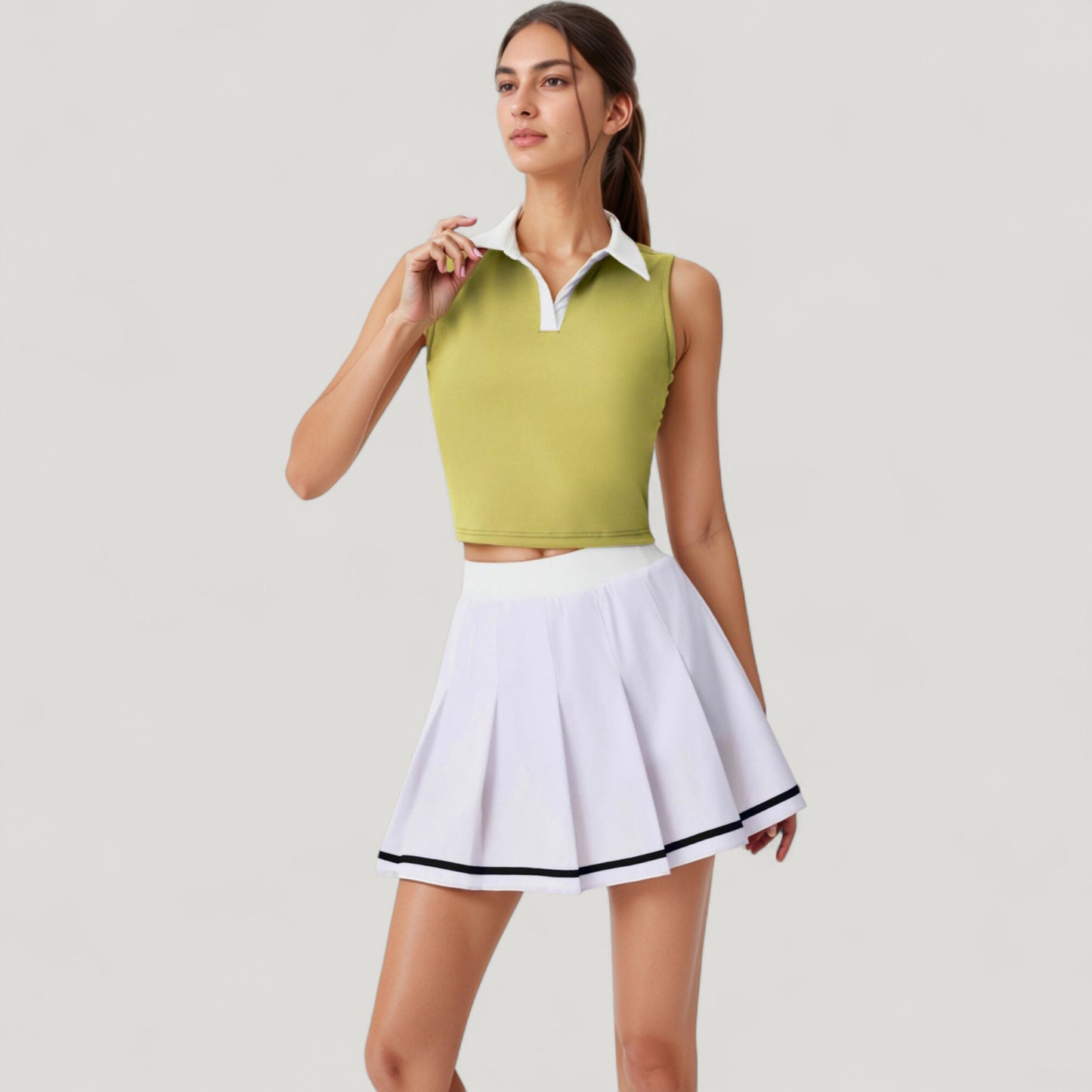 Two-Piece Tennis Set with Sleeveless Polo Crop Top and Pleated High Waist Skirt