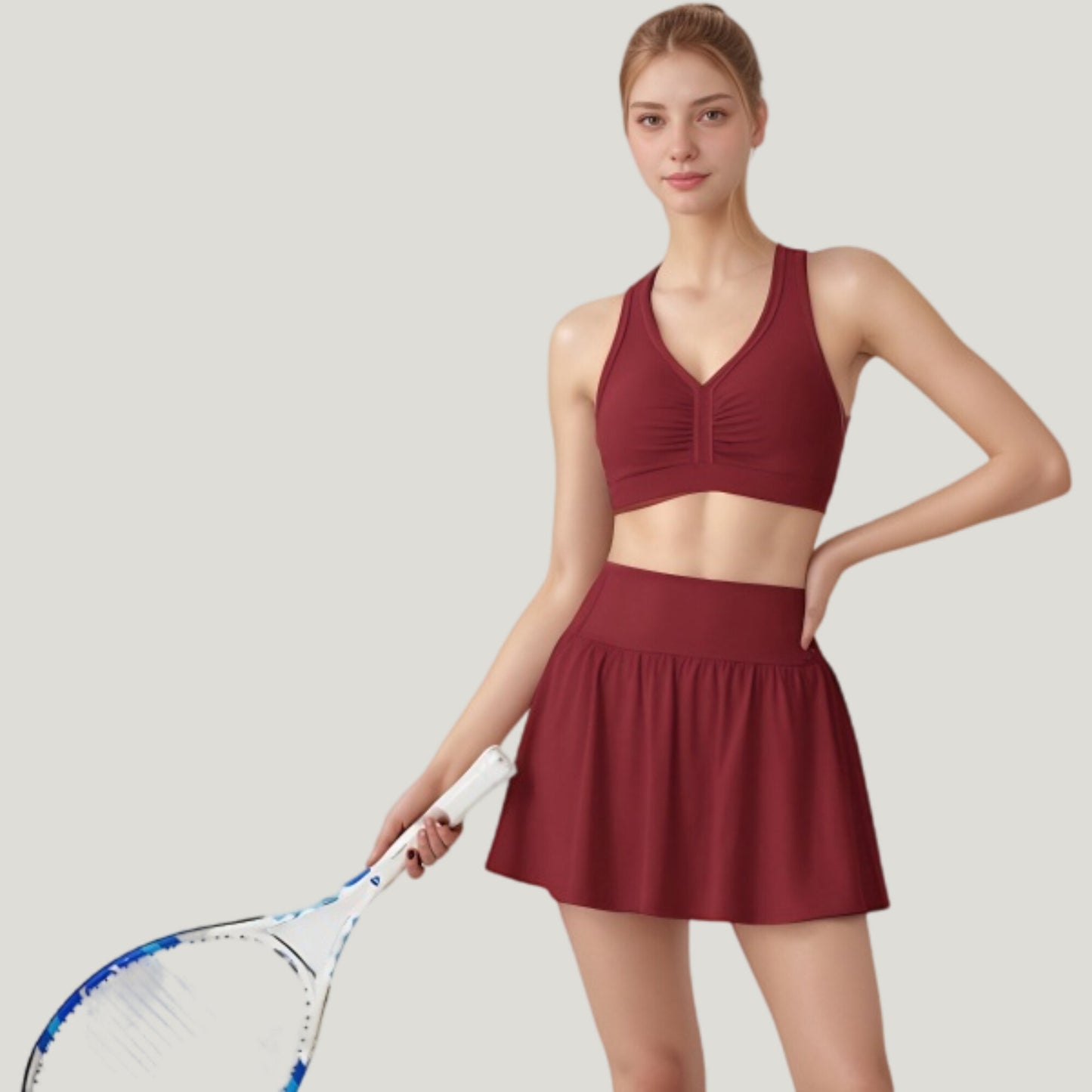 Two-Piece Activewear Set with V-Neck Ruched Sports Bra and High Waist Flare Skirt