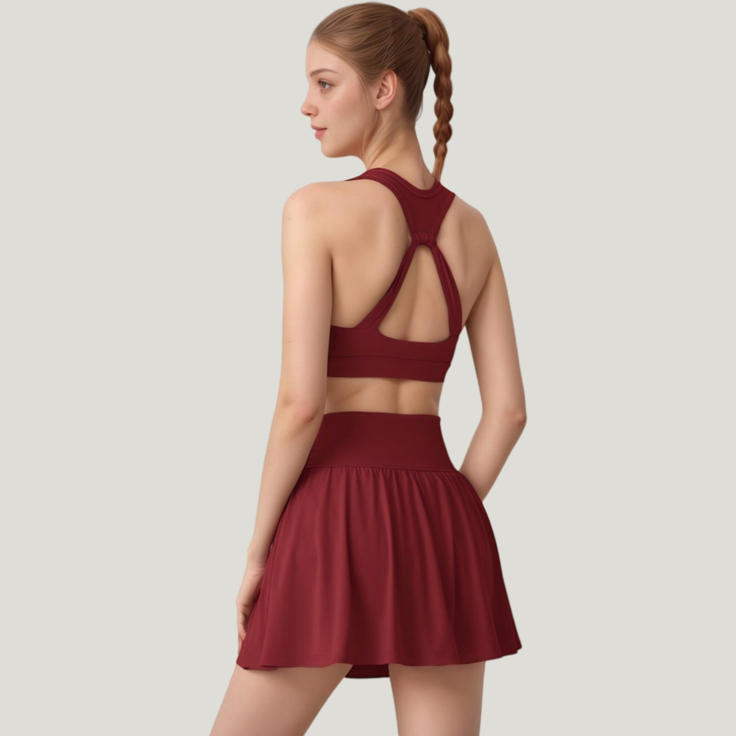 Two-Piece Activewear Set with V-Neck Ruched Sports Bra and High Waist Flare Skirt