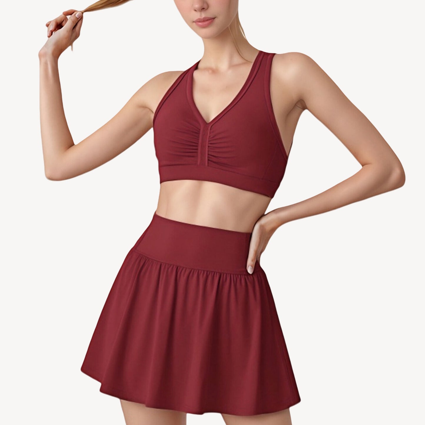 Two-Piece Activewear Set with V-Neck Ruched Sports Bra and High Waist Flare Skirt