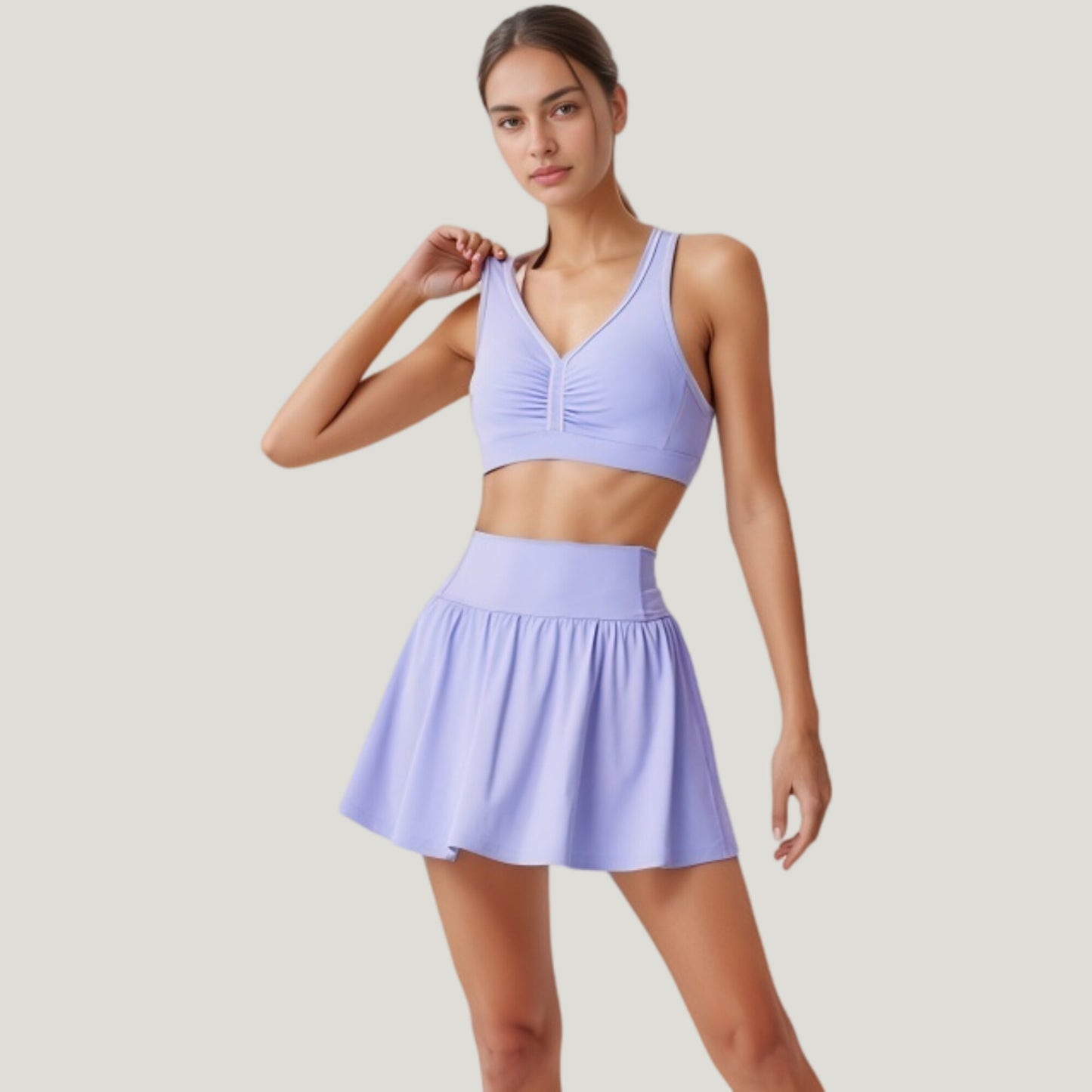 Two-Piece Activewear Set with V-Neck Ruched Sports Bra and High Waist Flare Skirt