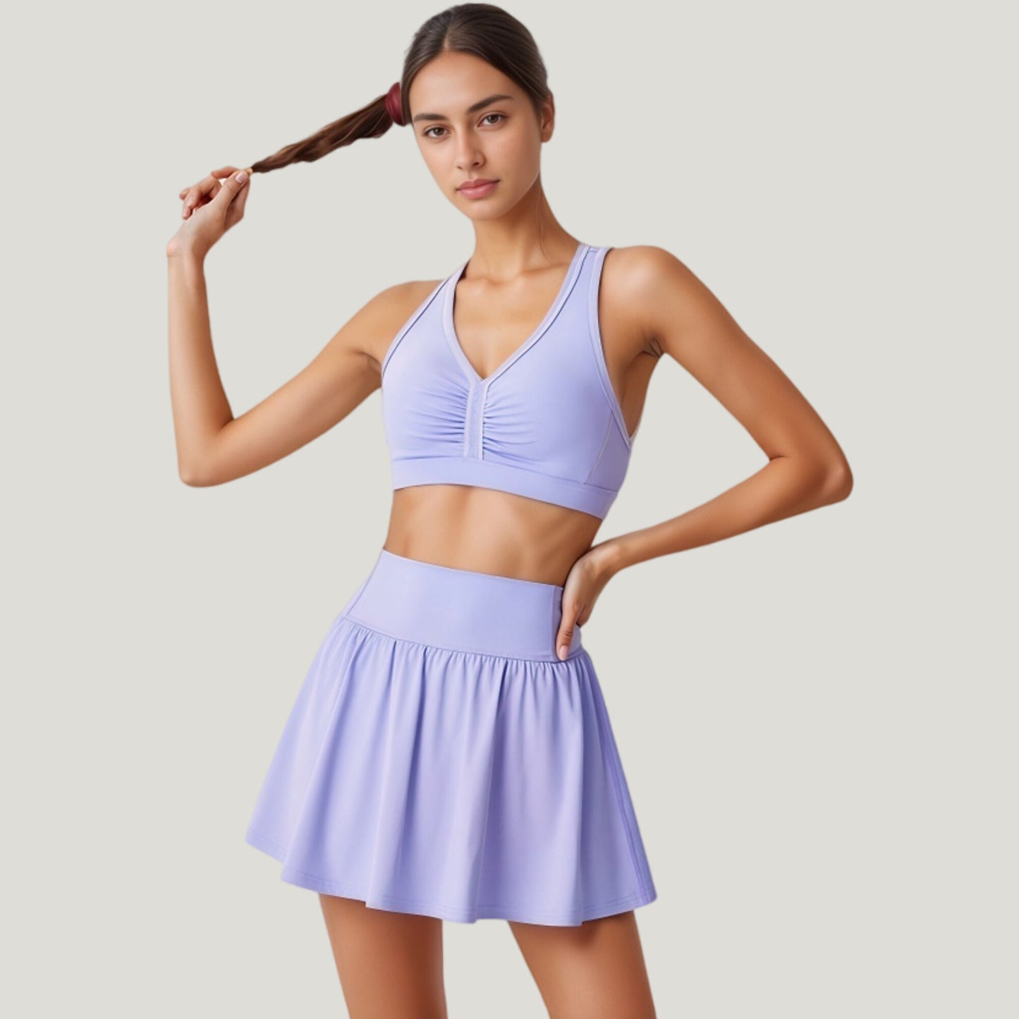 Two-Piece Activewear Set with V-Neck Ruched Sports Bra and High Waist Flare Skirt