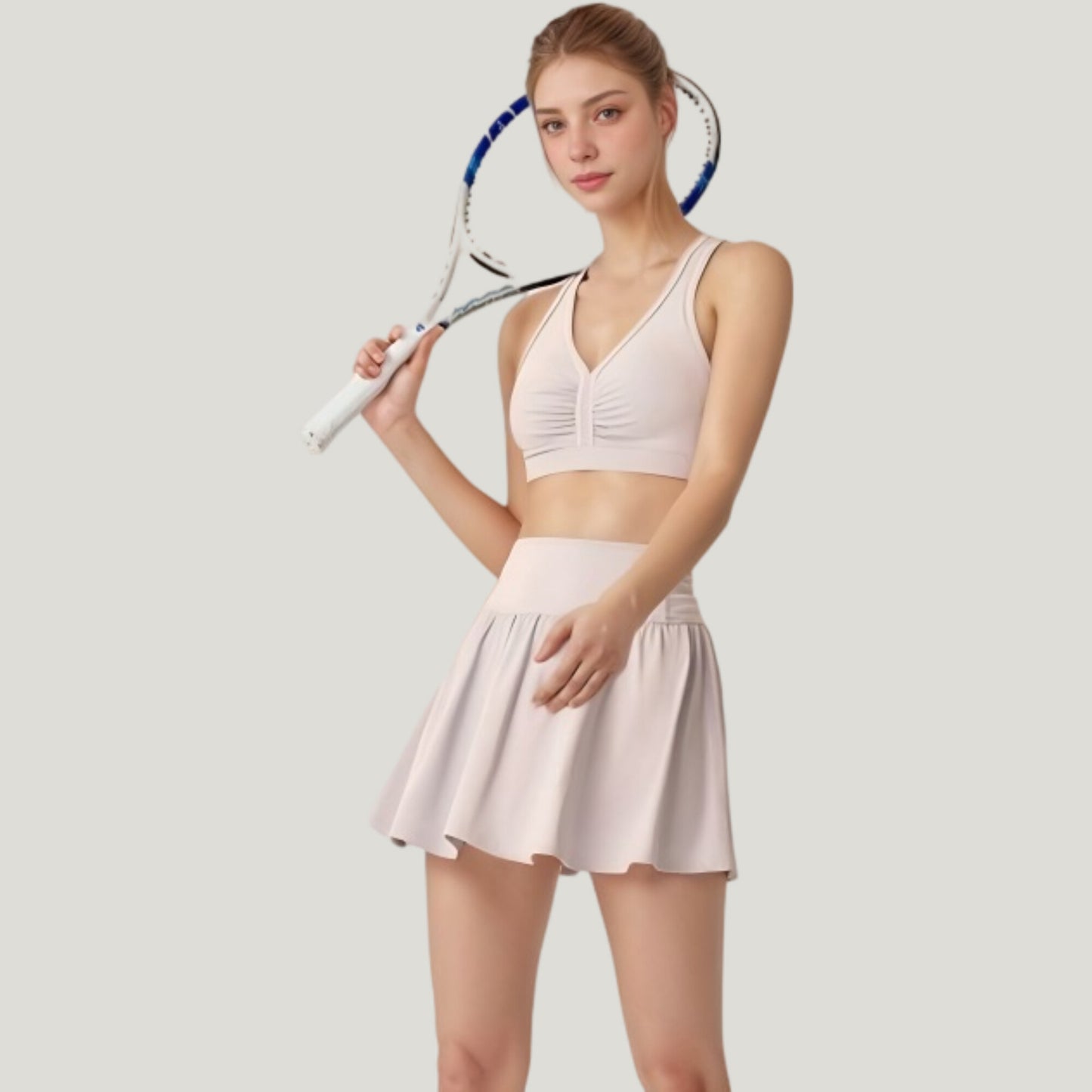 Two-Piece Activewear Set with V-Neck Ruched Sports Bra and High Waist Flare Skirt