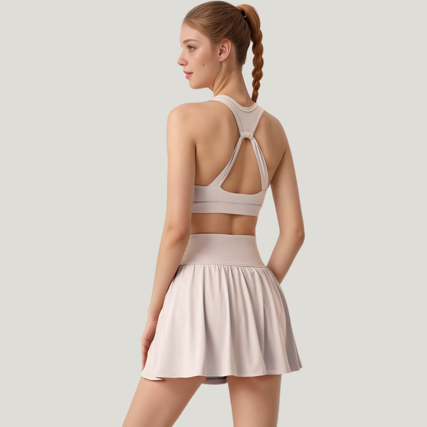 Two-Piece Activewear Set with V-Neck Ruched Sports Bra and High Waist Flare Skirt