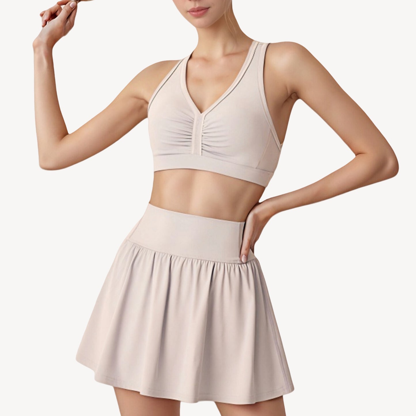 Two-Piece Activewear Set with V-Neck Ruched Sports Bra and High Waist Flare Skirt