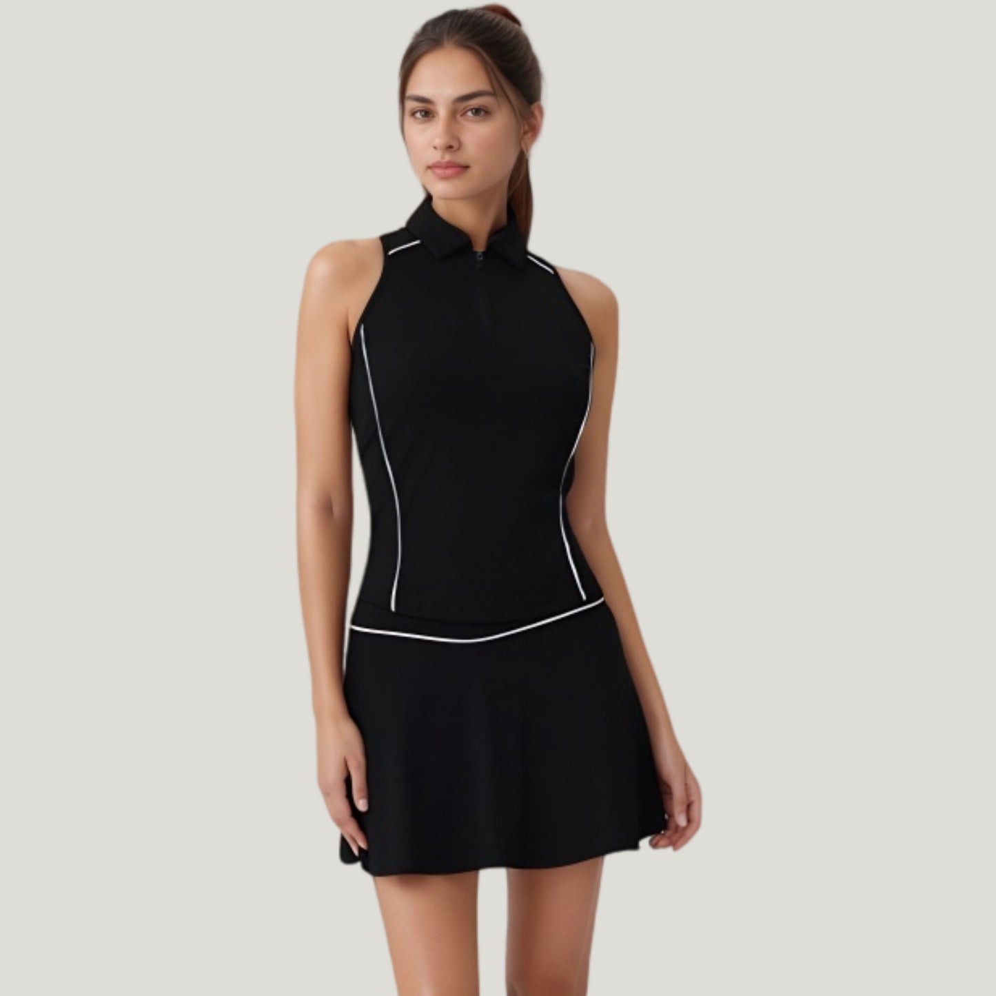 Sleeveless Performance Polo Tank with Zip Neckline and Contrast Piping for Golf and Tennis