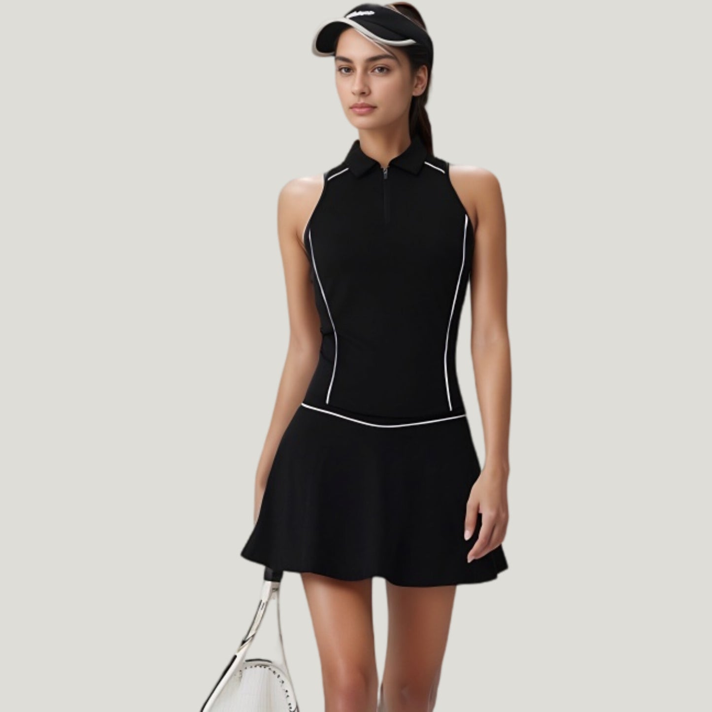 Sleeveless Performance Polo Tank with Zip Neckline and Contrast Piping for Golf and Tennis