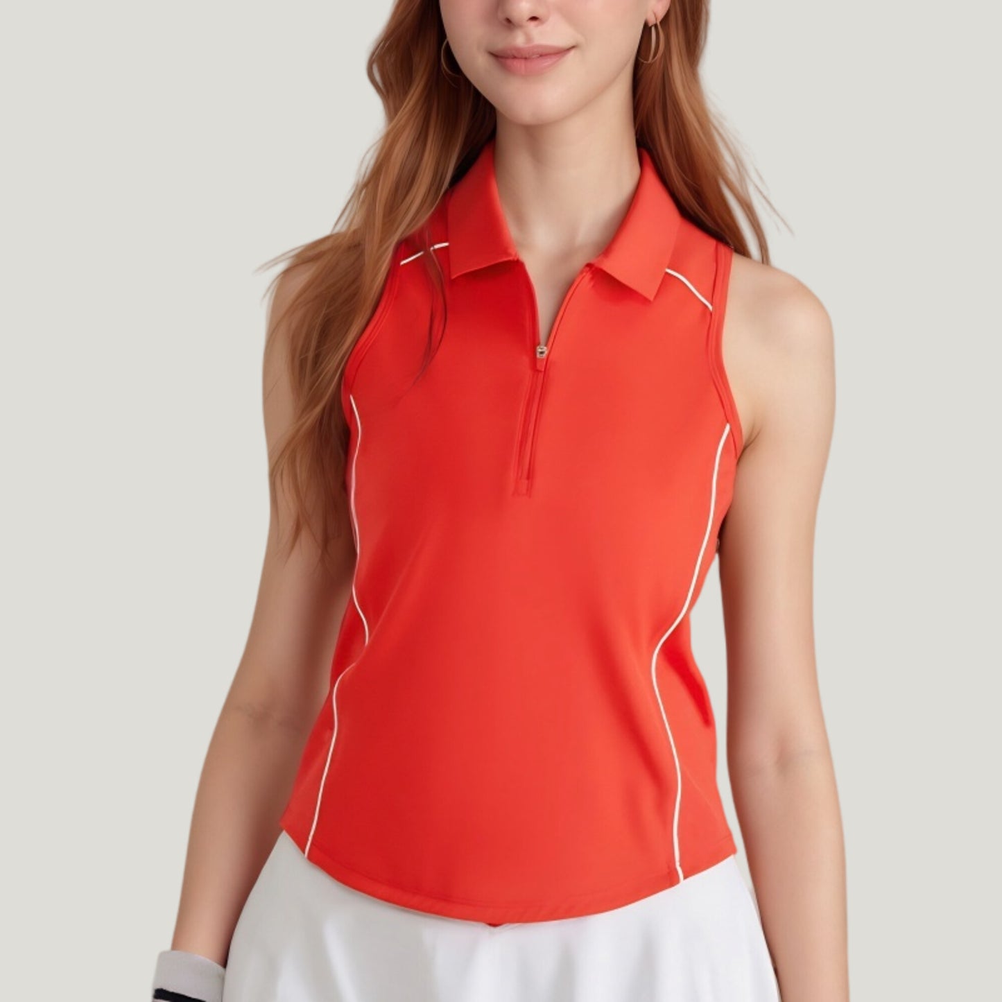 Sleeveless Performance Polo Tank with Zip Neckline and Contrast Piping for Golf and Tennis