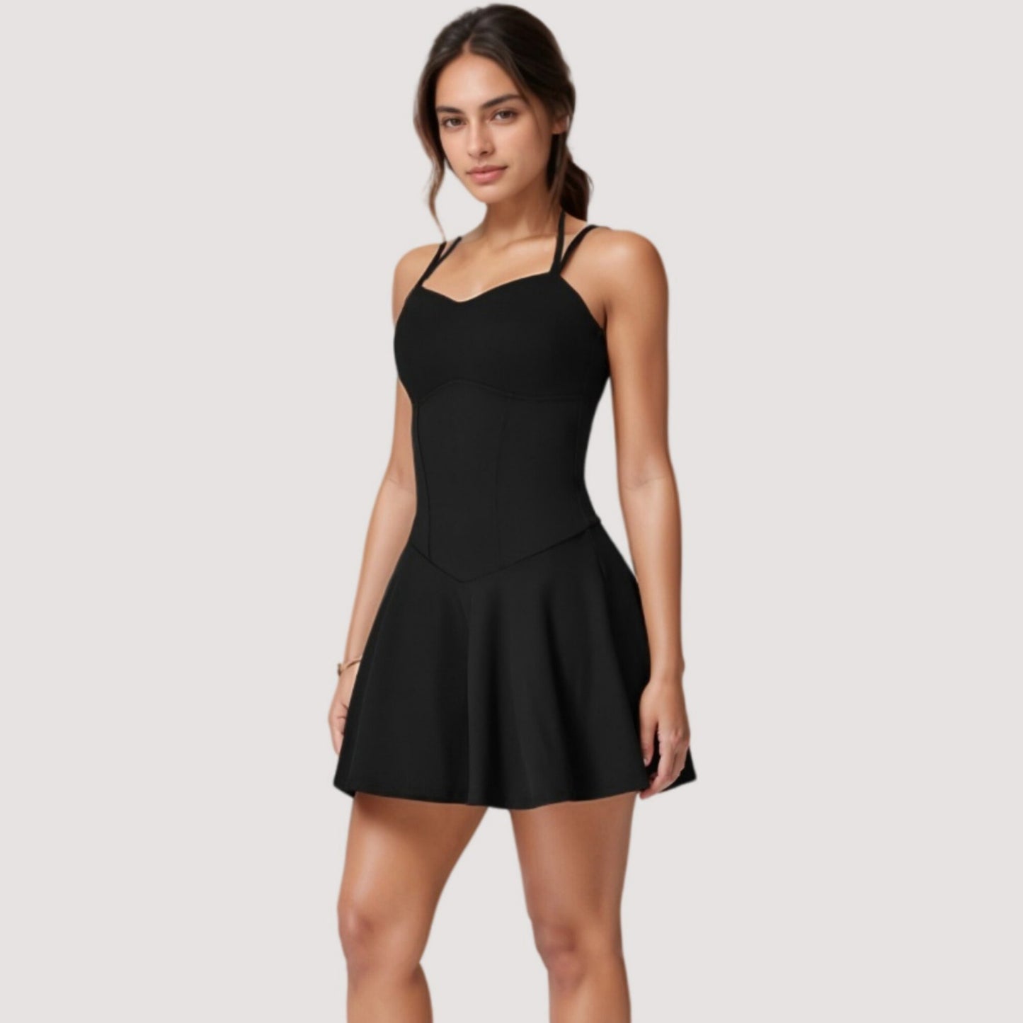 Strappy Athletic Dress with Built-In Shorts and Side Pocket Supportive Fit Stretch Fabric