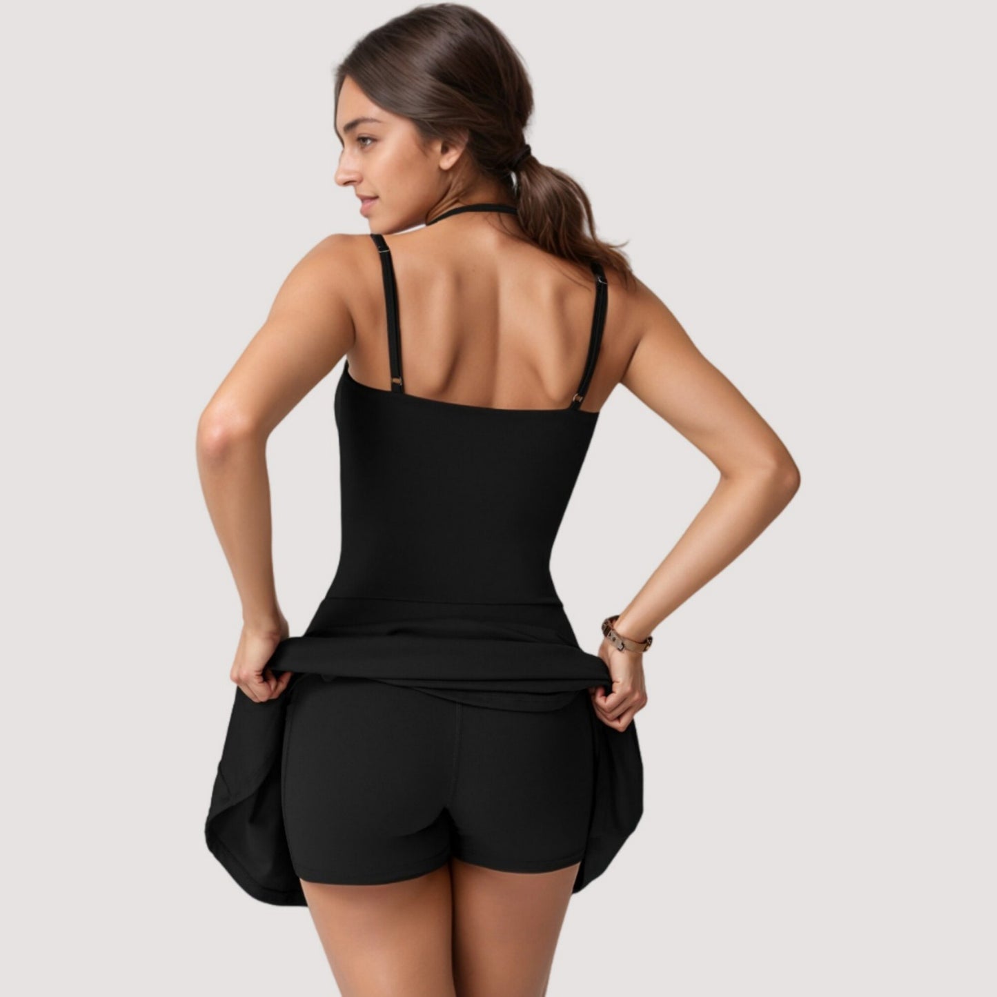 Strappy Athletic Dress with Built-In Shorts and Side Pocket Supportive Fit Stretch Fabric