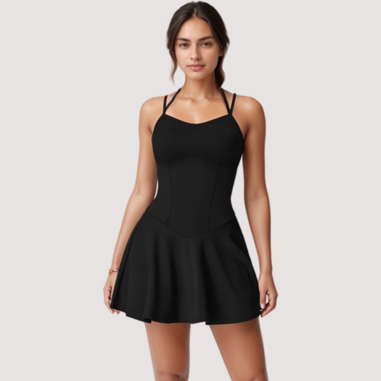 Strappy Athletic Dress with Built-In Shorts and Side Pocket Supportive Fit Stretch Fabric