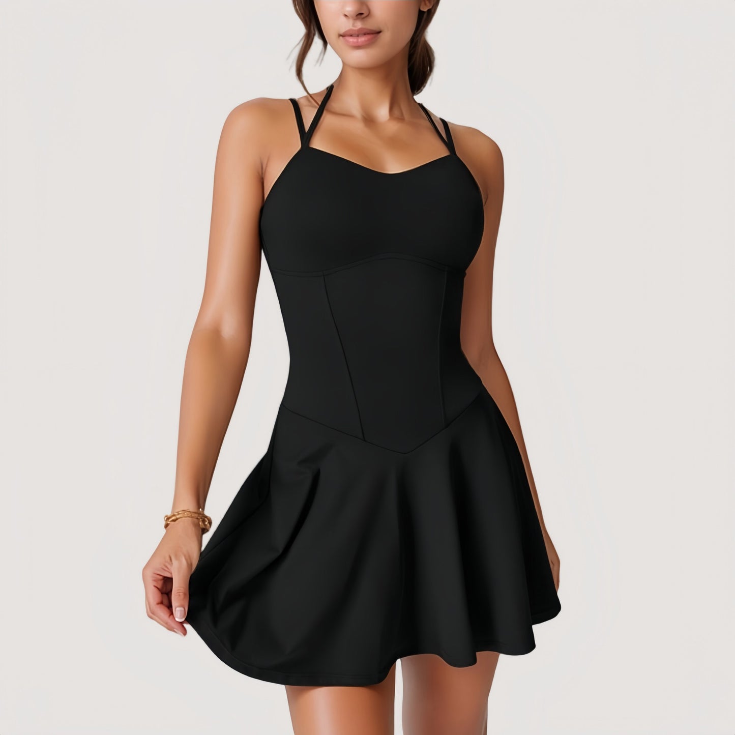 Strappy Athletic Dress with Built-In Shorts and Side Pocket Supportive Fit Stretch Fabric