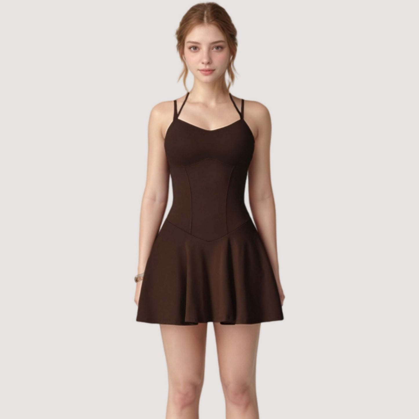 Strappy Athletic Dress with Built-In Shorts and Side Pocket Supportive Fit Stretch Fabric