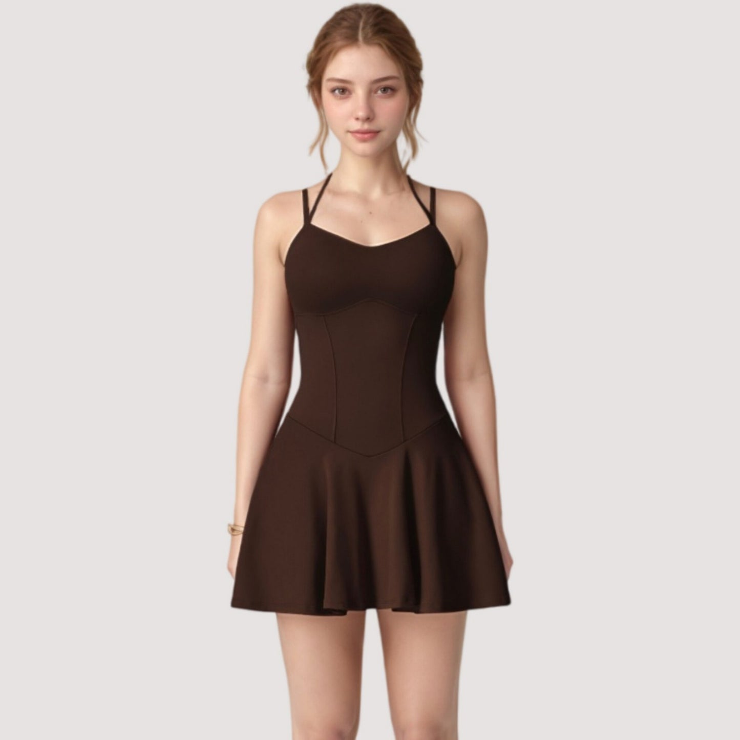 Strappy Athletic Dress with Built-In Shorts and Side Pocket Supportive Fit Stretch Fabric