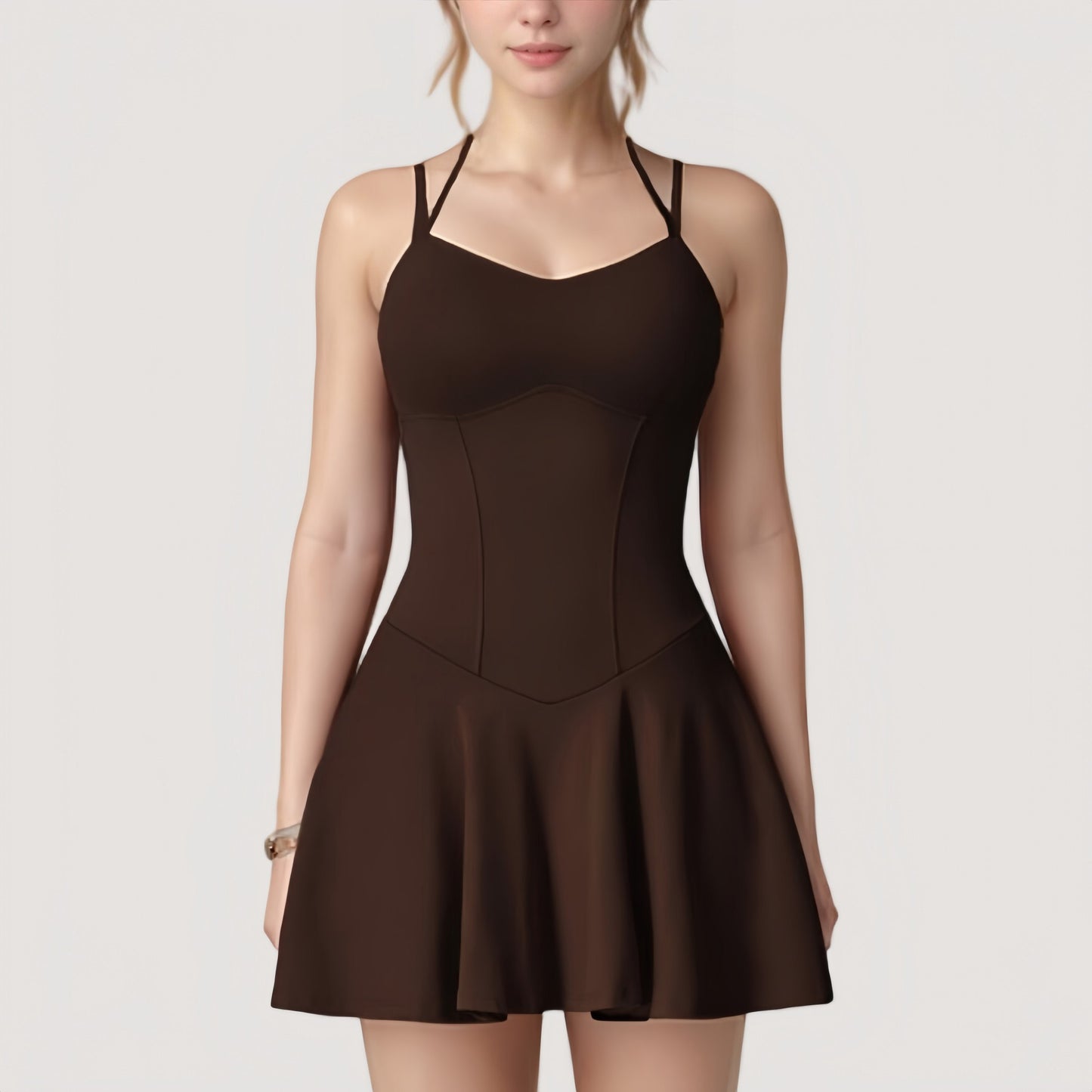 Strappy Athletic Dress with Built-In Shorts and Side Pocket Supportive Fit Stretch Fabric